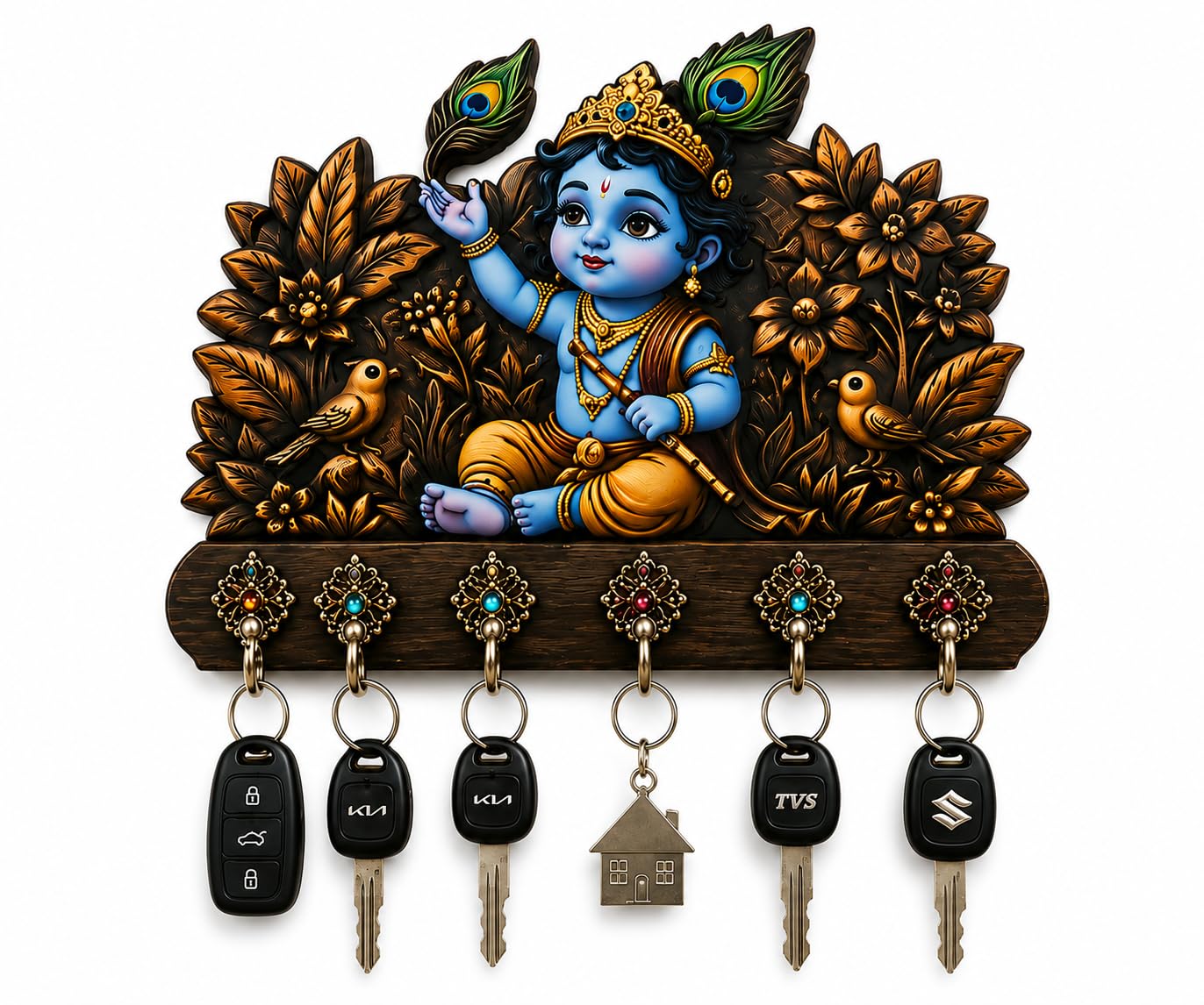 Bal Krishna Wooden Key Holder with 6 Hooks Wall Mount Organizer | Wooden Build | 6 Metal Hooks | Wall Mounted | Home, Office & Pooja Room Décor-image-37