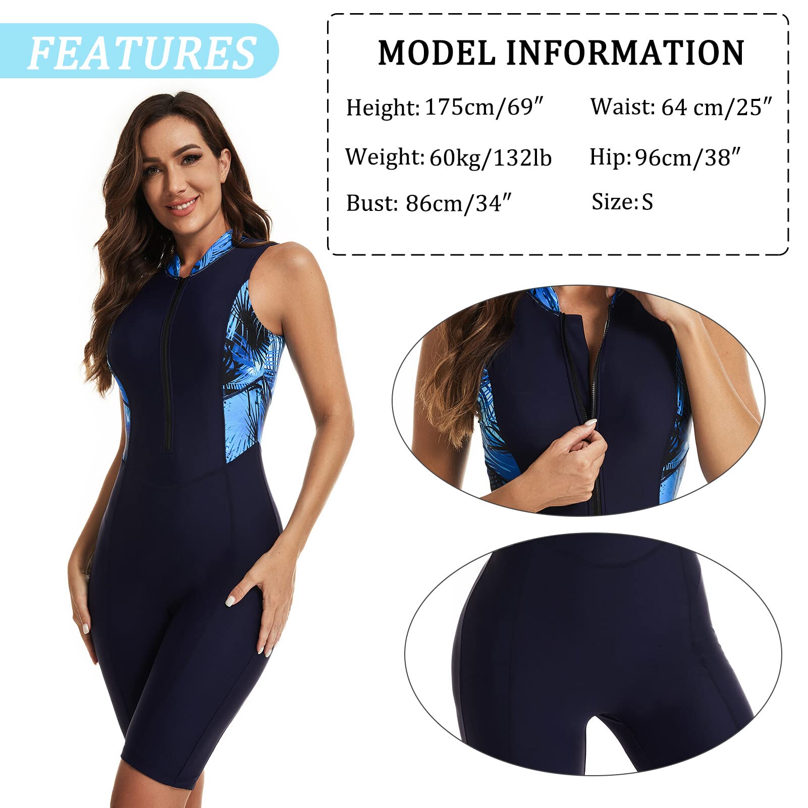 SEAUR Costume da Bagno Monopezzo da Surf da Donna con Protezione Solare, con Cerniera Nteriore e Cuscino sul Petto