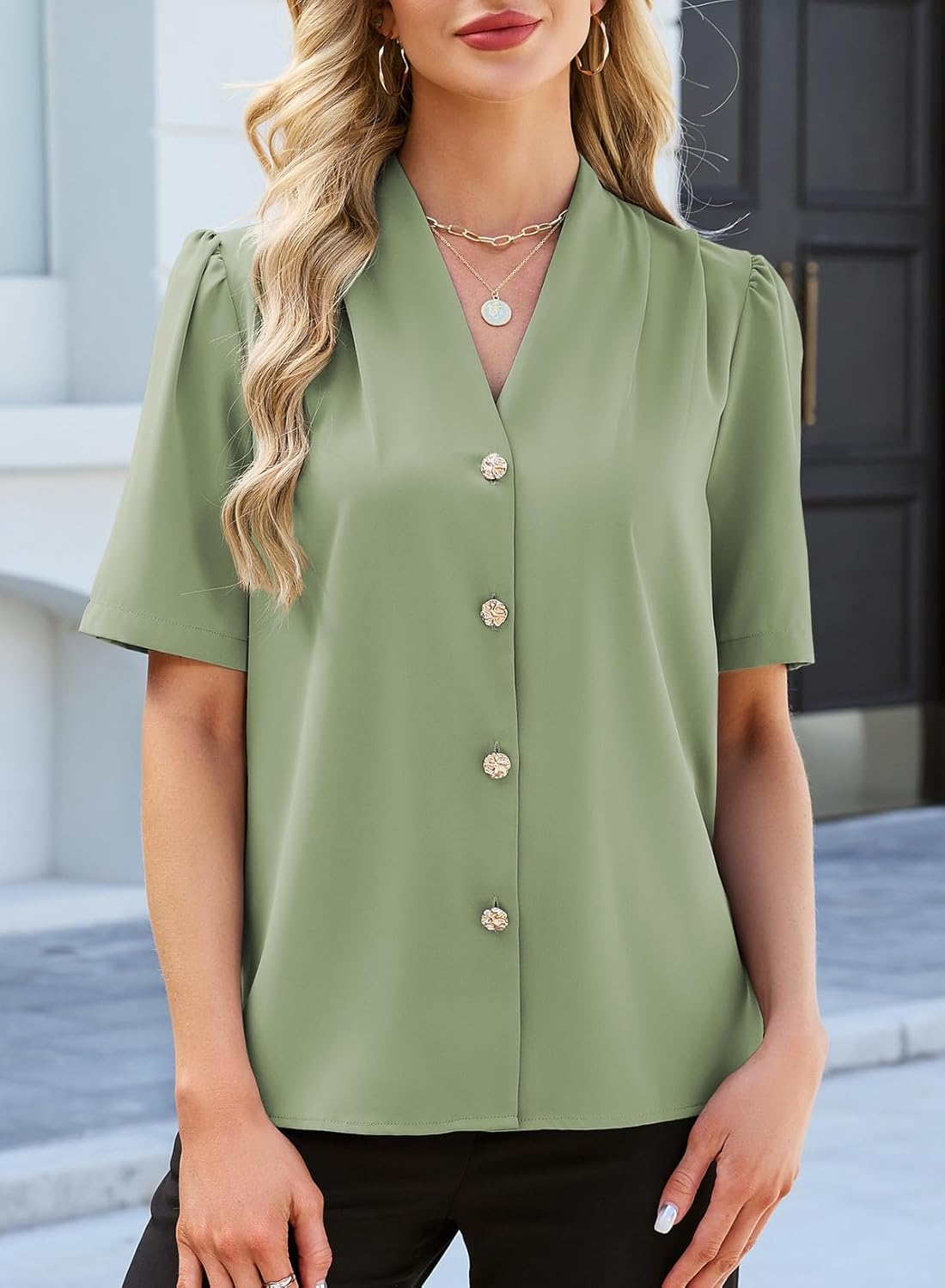 EVALESS Blouses for Women Dressy Casual Summer Short Sleeve Button Down Shirts Business Work Tops - Image 2