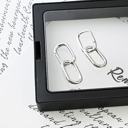 Vista 6 de Aretes de aro de plata de ley 925 con doble ovalado para mujer, pequeños aretes de aro de plata para orejas sensibles, aretes de aro cuadrados