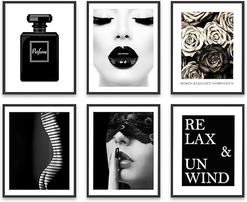 JITUIHOM Juego de 6 impresiones artísticas de pared de moda en blanco y negro, pósteres de decoración retro glamorosa para mujer, perfume, flores,