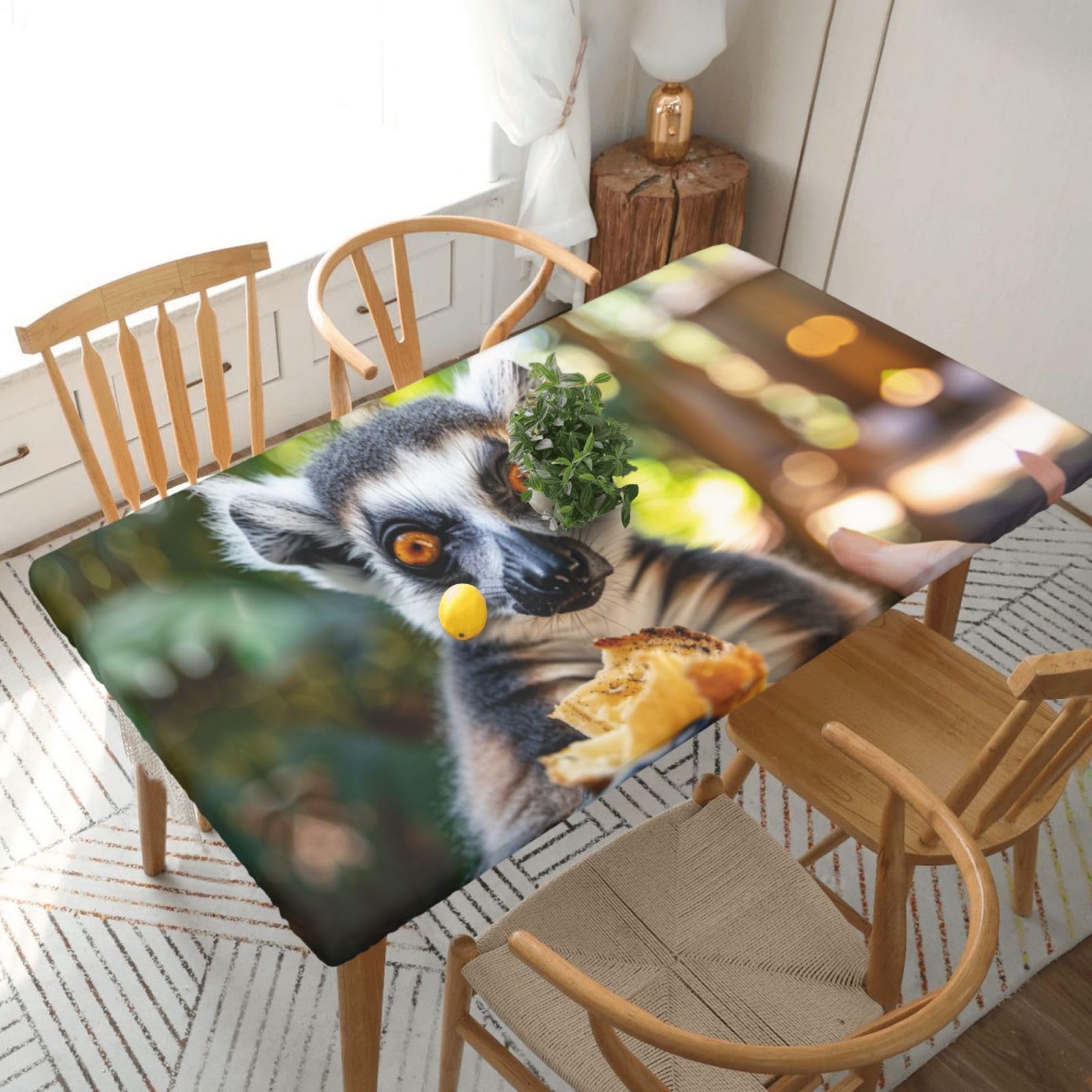 Nappe pour table de 5 pieds lémurien mangeant du pain, élastique et imperméable