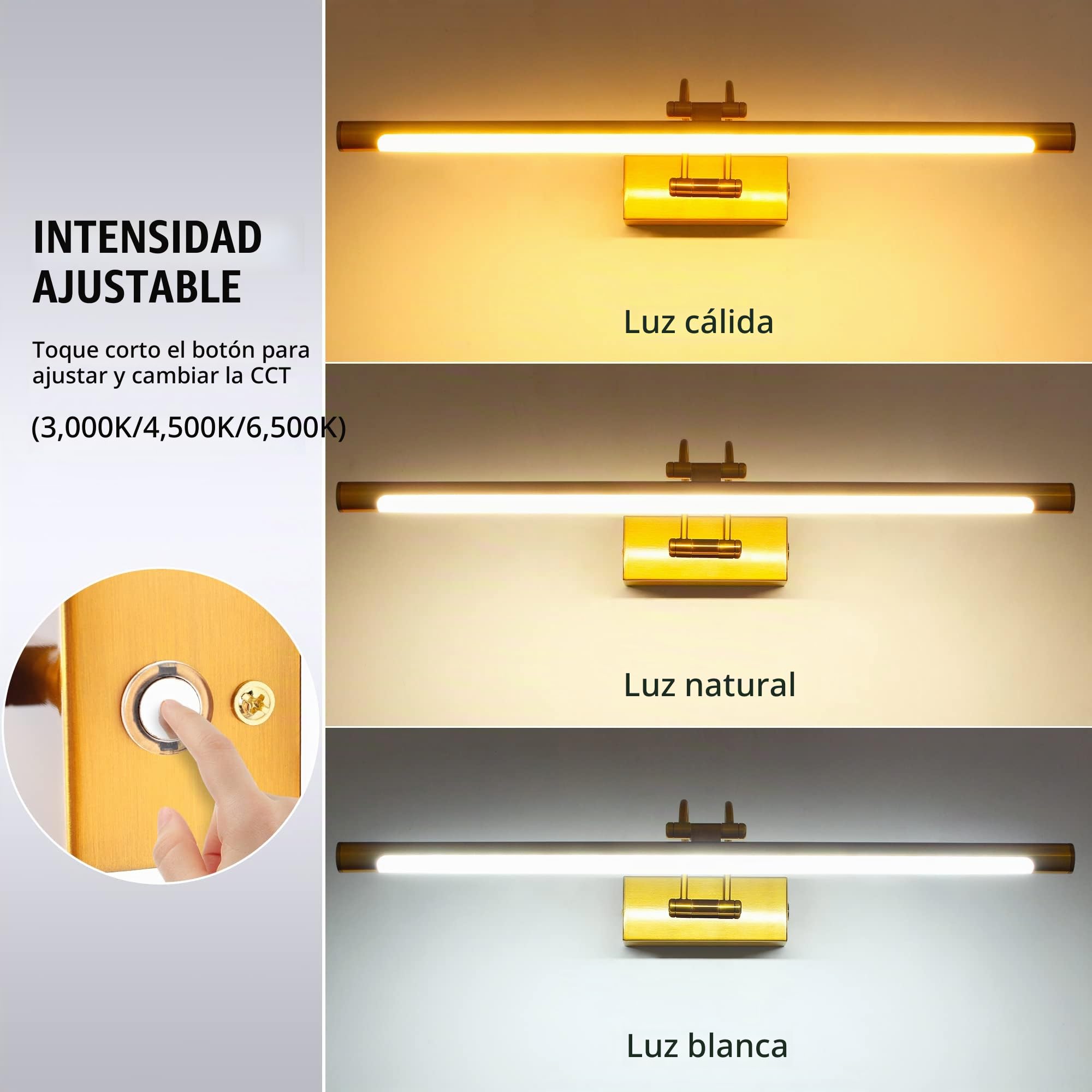 Espejo Baño LED 60cm 3 Temperaturas de Color Regulable y Brillo | 12W Latón Luz de Pared Arco con Cabeza Giratoria, Regulable Sin Escala, Antivaho, Espejo Iluminado para Baño y Tocador