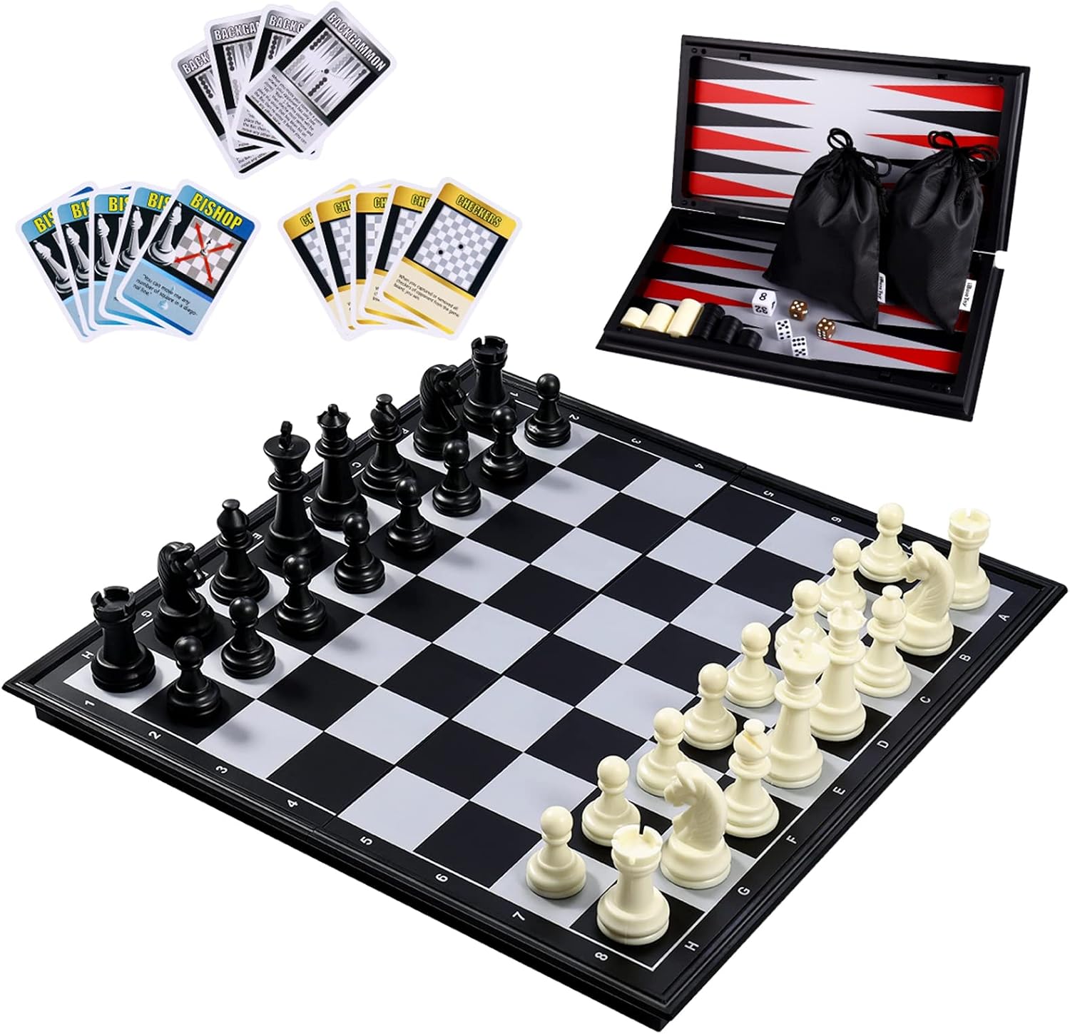 Magnetic Travel Chess Set - 3 in 1 Chess/Checkers/Draughts Backgammon Set,Chess Set for Kids and Adults,Including Folding Portable Storage Board and 2 Bags, 12.6" x 12.6"