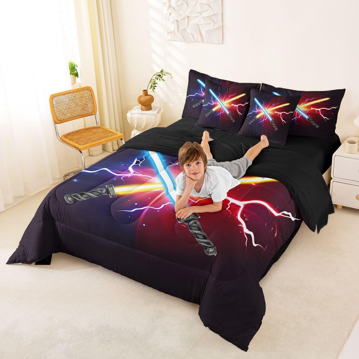 Feelyou Queen Lightsaber Pattern Bed in a Bag 7-Piece Sword Comforter Set with Comforter, Pillow Shams, Flat Sheet, Fitted Sheet and Pillowcases All Season Star Wars Vibe Bedding