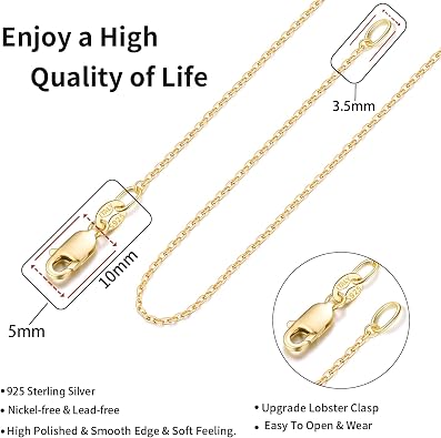 Jewlpire 18k Gold Plated 925 Sterling Silver Chain Necklace for Women, 1.1mm Cable Chains Necklace Thin & Dainty & Sturdy Women's Chain Necklaces, 14/16/17/18/20/22/24 Inches