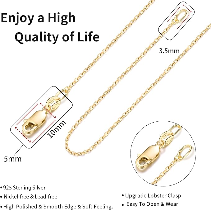 Jewlpire 18k Gold Plated 925 Sterling Silver Chain Necklace for Women, 1.1mm Cable Chains Necklace Thin & Dainty & Sturdy Women's Chain Necklaces, 14/16/17/18/20/22/24 Inches