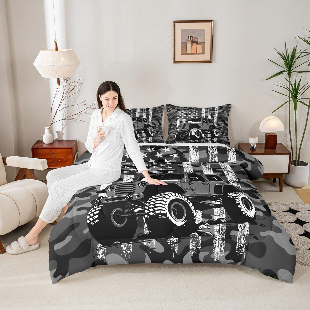 Manfei Gray Off-Road Vehicle Queen Size Comforter Set 3 Pcs,Retro Camouflage American Flag Graffiti Down Alternative Bedroom Decor,Adventure Sports Race Car Ultra Soft Microfiber Inner Fill 3Pcs