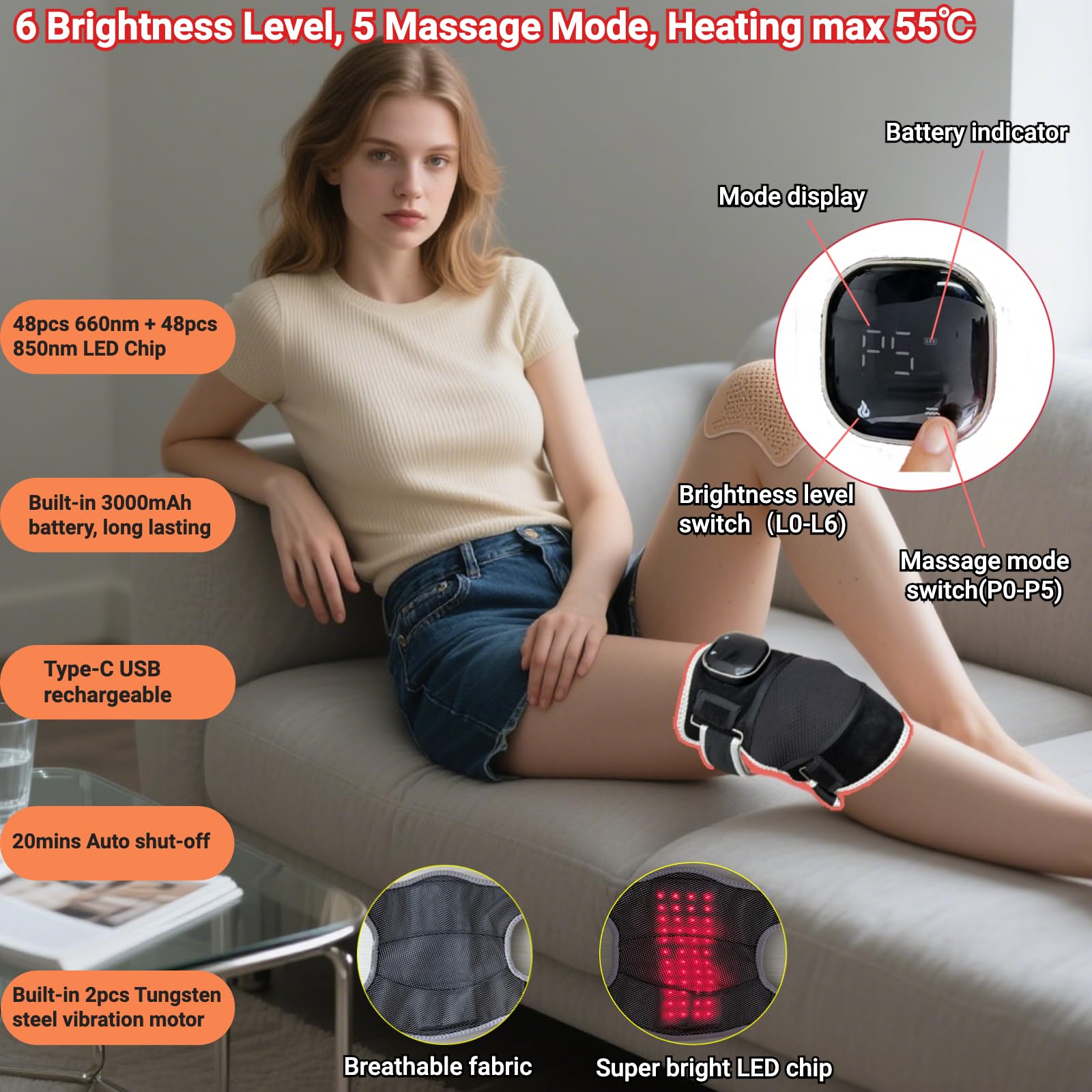 Genouillère de luminothérapie rouge chauffante et massante - 96 LED (660 nm et 850 nm), 6 modes d'éclairage et 5 modes de massage, rechargeable, sangle réglable pour soulager les douleurs du genou