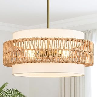19.7" Rattan Chandelier for Dining Room, 4-Light Boho Pendant Hanging Light