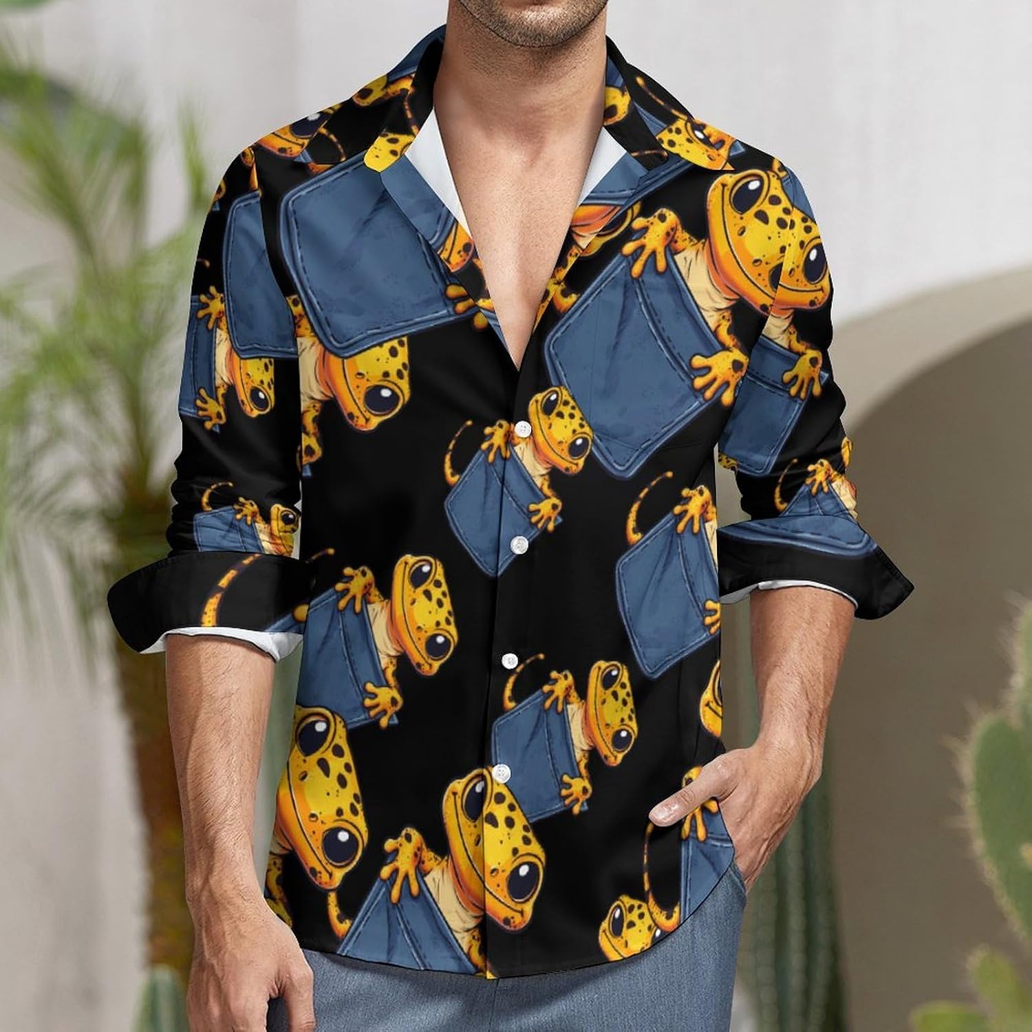 Funny Leopard Gecko Lizard Long Sleeve Shirts Casual Dress Shirt Button-down T-shirts for Men
