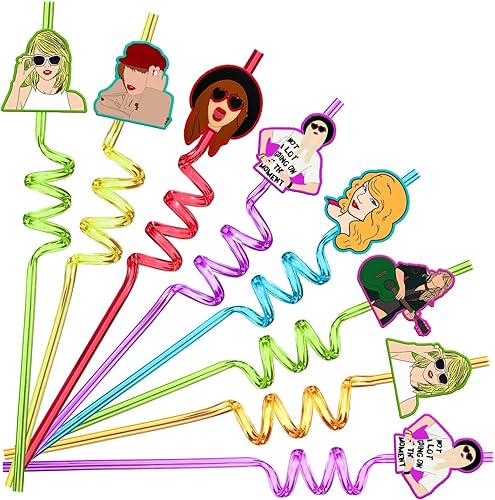 24 popotes de plástico reutilizables con temática de música popular con 2 cepillos de limpieza, decoraciones de fiesta de cumpleaños con temática