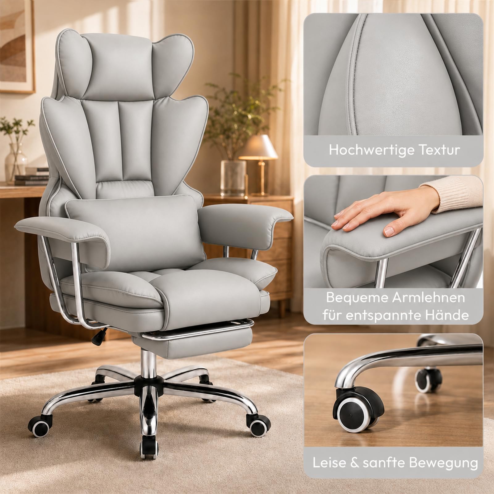 Ergonomischer Chefsessel Bürostuhl Gaming Stuhl Hochlehner mit Fußstütze & verstellb. Lendenstütze, 200 kg belastbar, Extra breiter Sitz, 90°–135° Rückenlehne, Polsterung, Modern Büro/Homeoffice, Grau