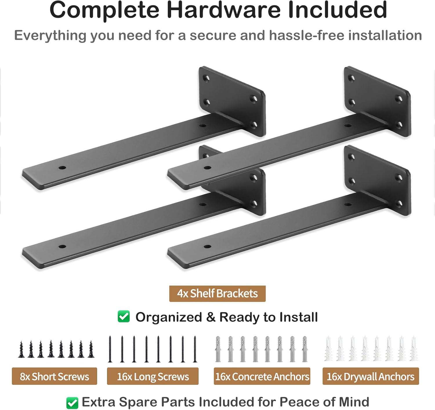 8 Inch Floating Shelf Brackets 4 Pack - 0.2" Solid Steel Heavy Duty Hidden Support for Living Room Bedroom Standard Shelves - Requires Backer Board or Solid Wall (Not for Single Stud) Black