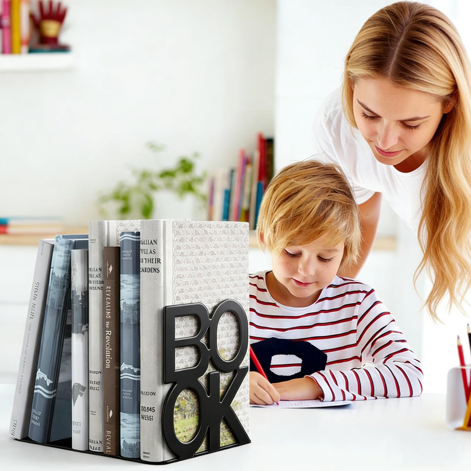 4 Paia Fermalibri per Mensole Ferma Libri in Metallo "BOOK" Scaffali per Scrivania Reggilibri per Mensole Antiscivolo Porta libri per Uffici Scuole Casa Librerie Biblioteche (Nero)