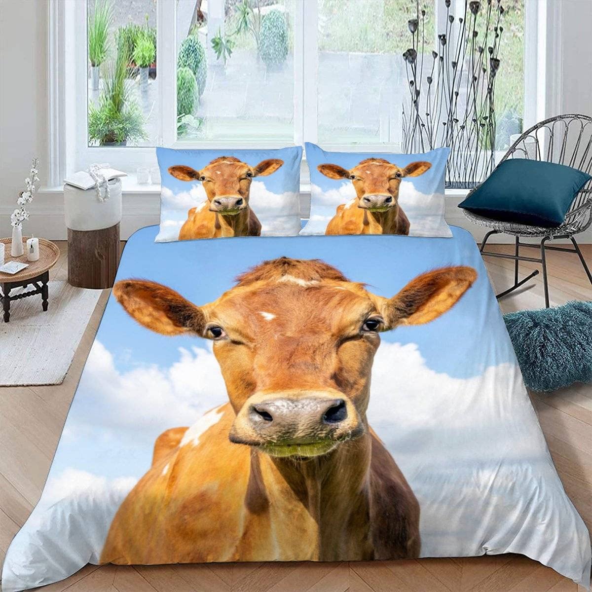 RFFLUX 3D Cow King size Bedding Sets 3 Pieces 220x230 Ultra Soft Microfiber Farm Animals Cattle Duvet Cover with Zipper Closure Easy Care Quilt Cover with 2 Pillowcase for Adults Room Decor