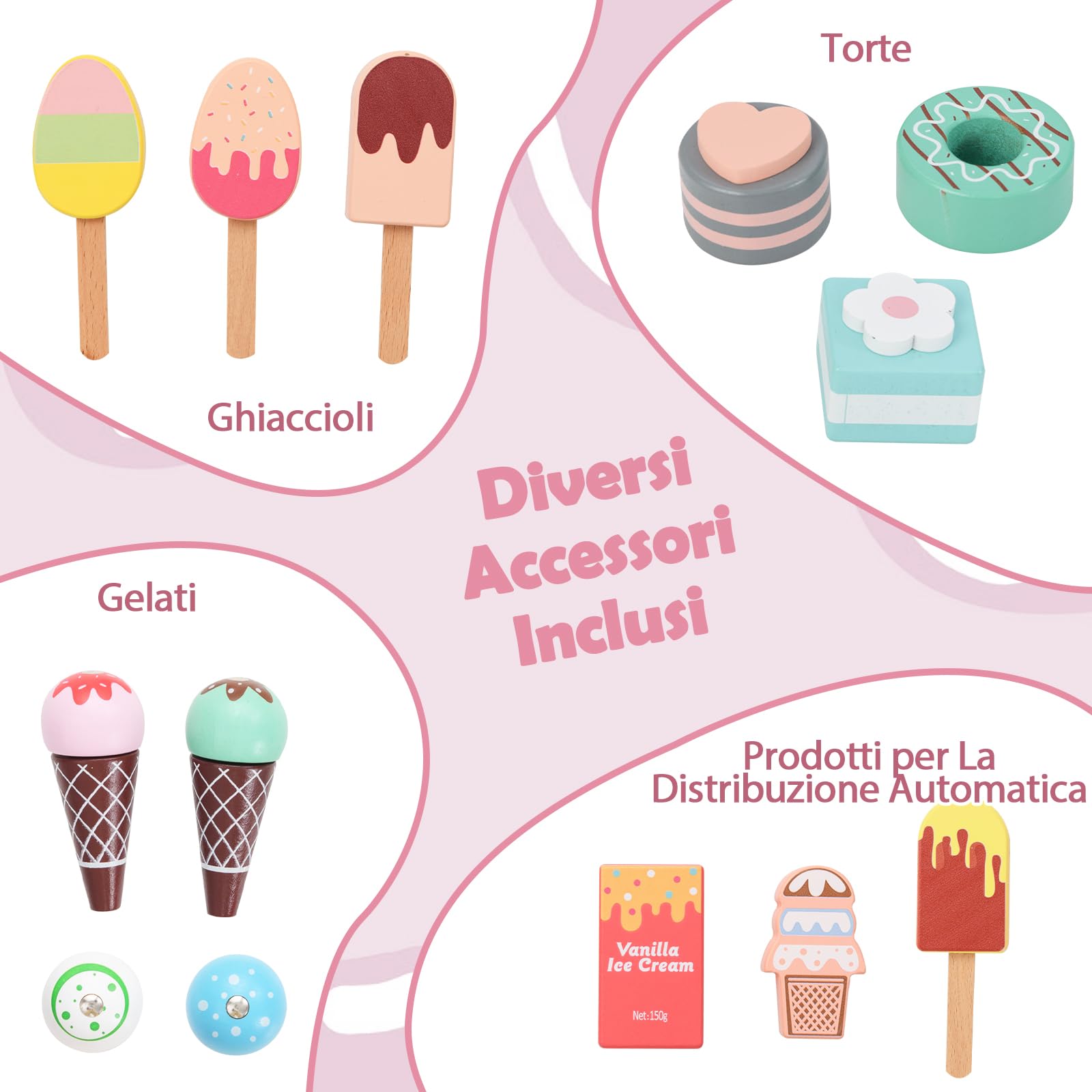 RELAX4LIFE Giocattolo Carrello Gelato per Bambini con 15 Pezzi di Giocattoli, Bancarella Gelato con Distributore Automatico, Espositore e Cassa, Carrello Gelato Mobile per Bambini 3+ Anni (ROSA)