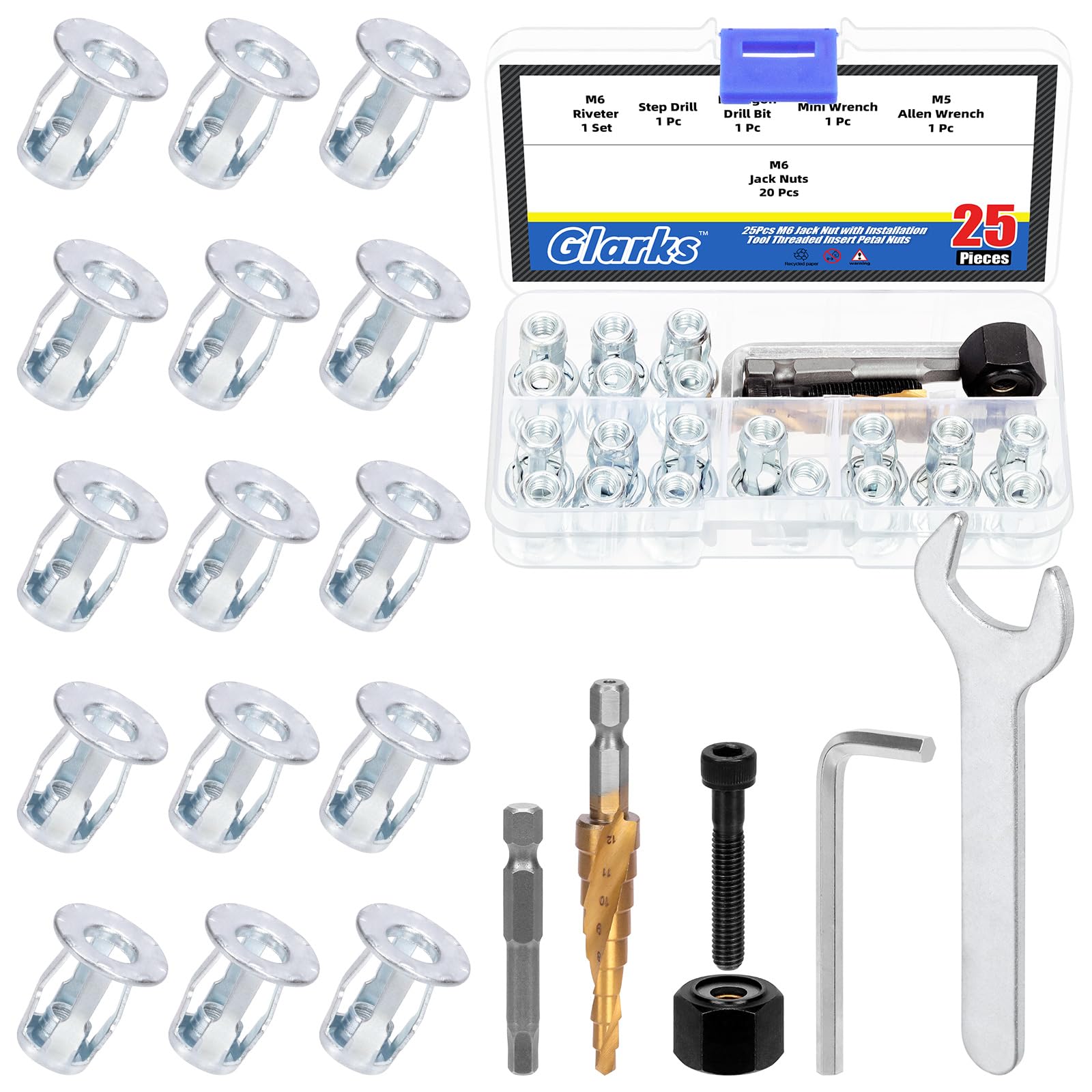 GLARKS 25pcs M6 Jack Nut and Installation Tool Kit - Carbon Steel Expansion Nut for Plastic Polywood, Pressboard, Hardboard
