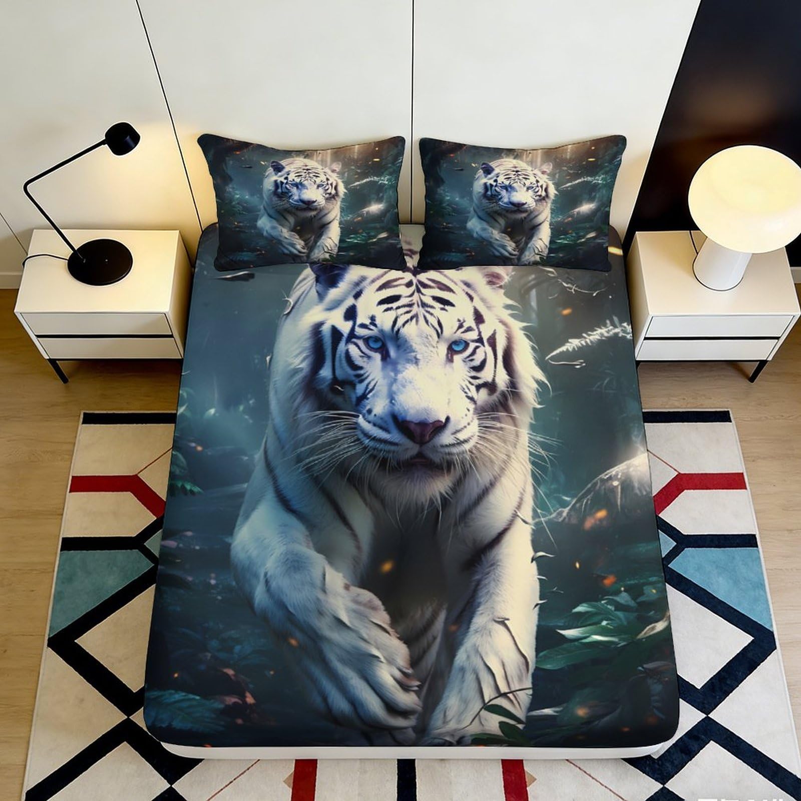 3D Printed White Tiger Fitted Sheet Microfiber Deep Pocket Bedroom Full Wrap White Tiger Mattress Fitted Cover Washable for Adults Teens 200x200x25cm