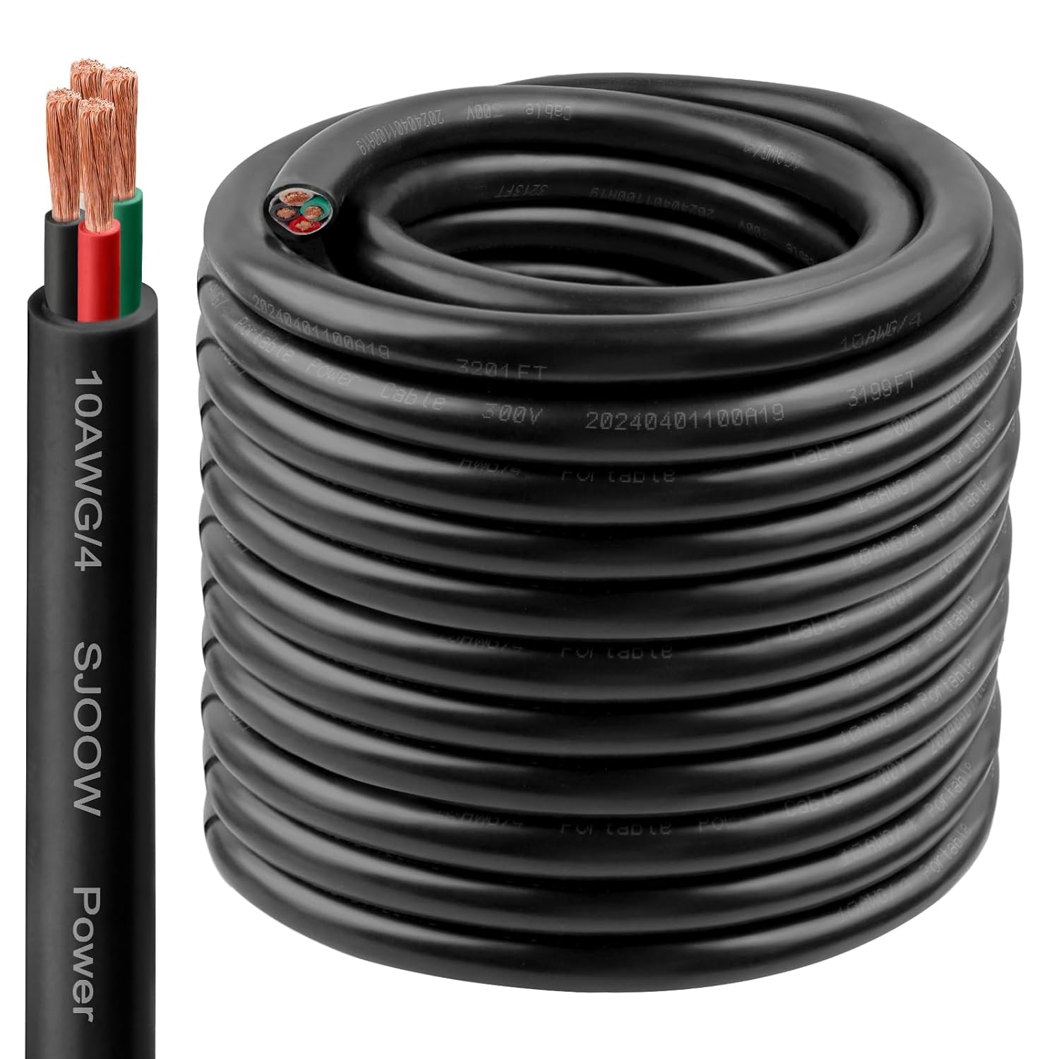 10/4 sjoow wire 100ft, 10 awg 300v sjoow bulk cable, 10 gauge 4 conductor portable cable for welder,generator,portable light,circuits,ev car charger,motor lead 100 ft 10awg(4-conductor)