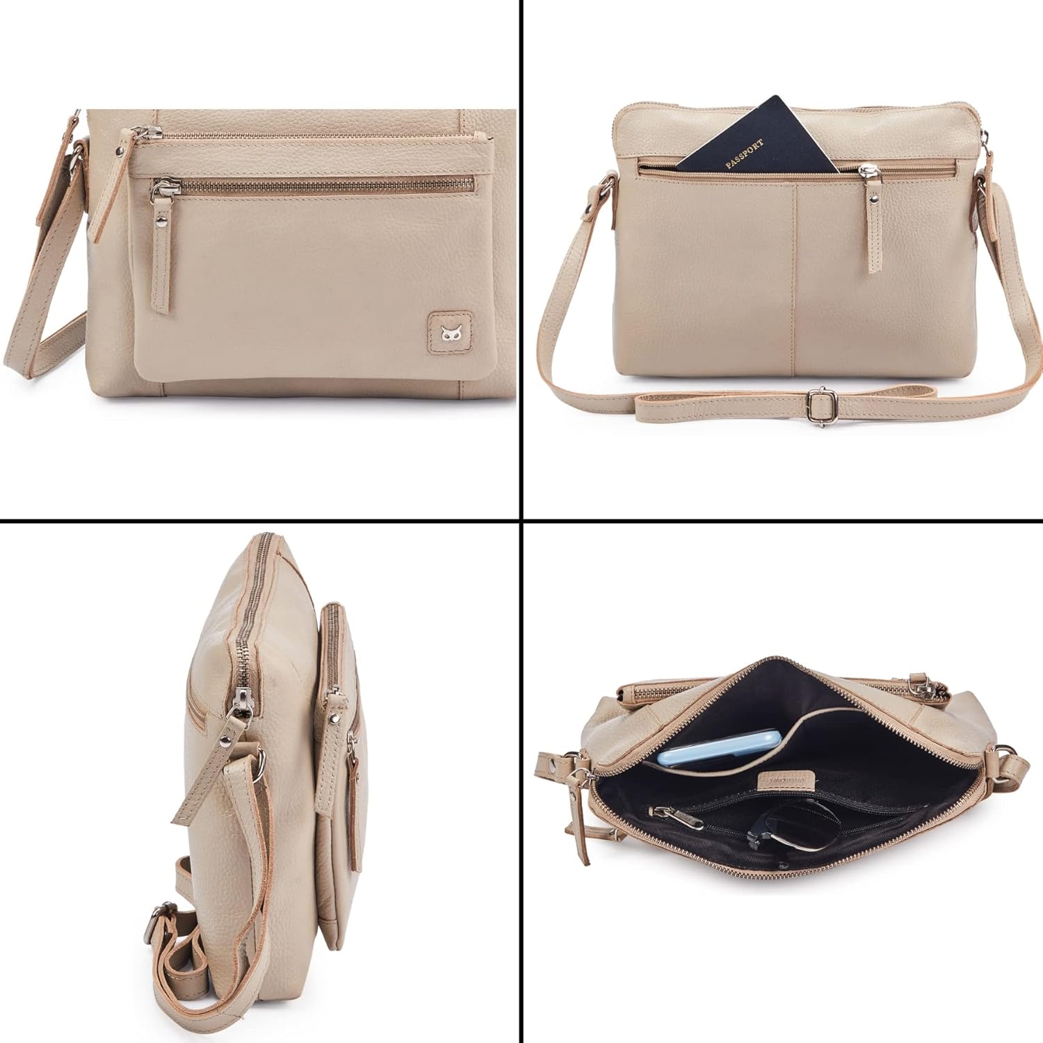 Wise Owl Accessories Small Soft Pebbled Real Leather Crossbody Handbags Purses Triple Zip Premium Sling Crossover Shoulder Bag for Women Gift (Beige Nappa) - Image 6