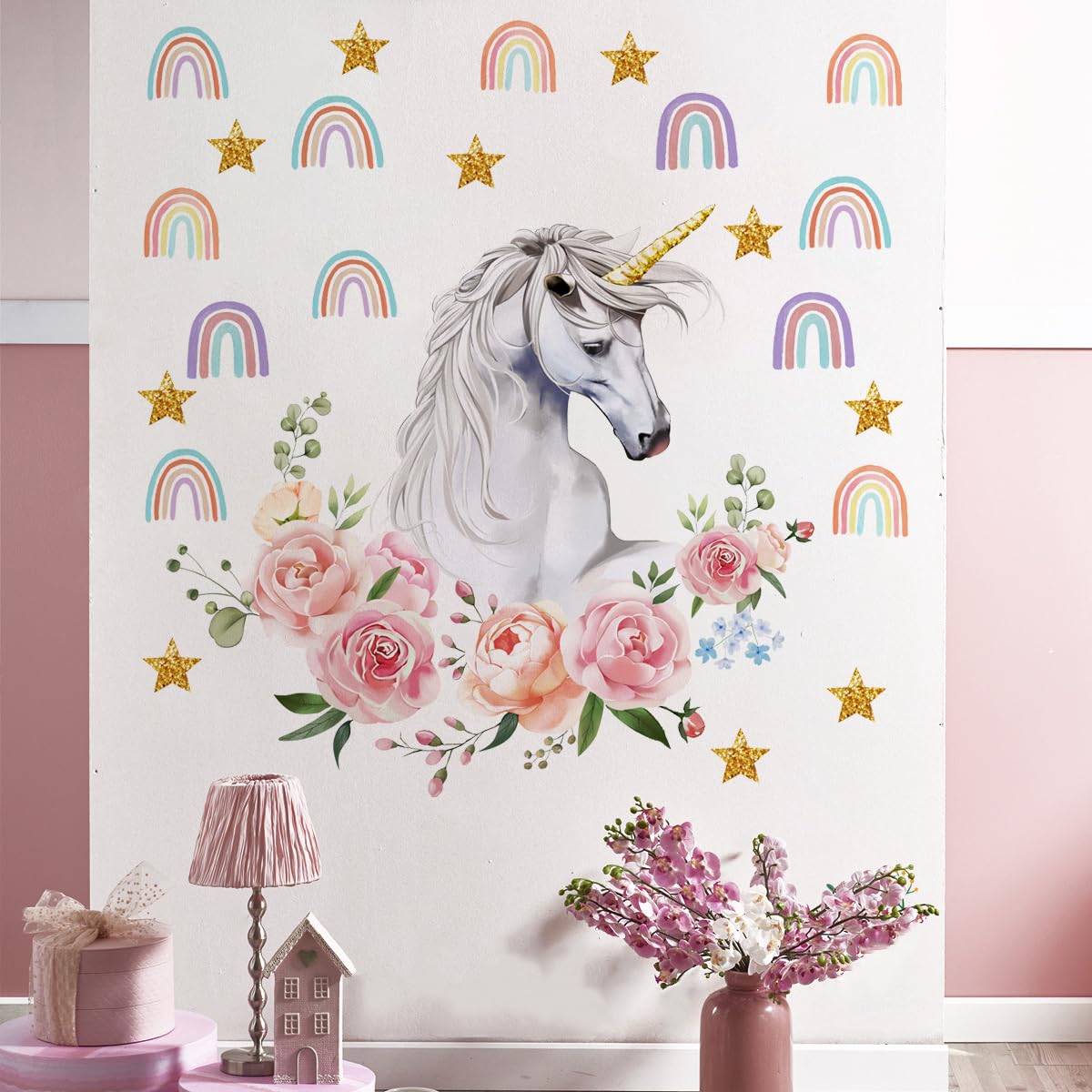 Sticker mural licorne et chevaux XXL lavable pour couloir et salon