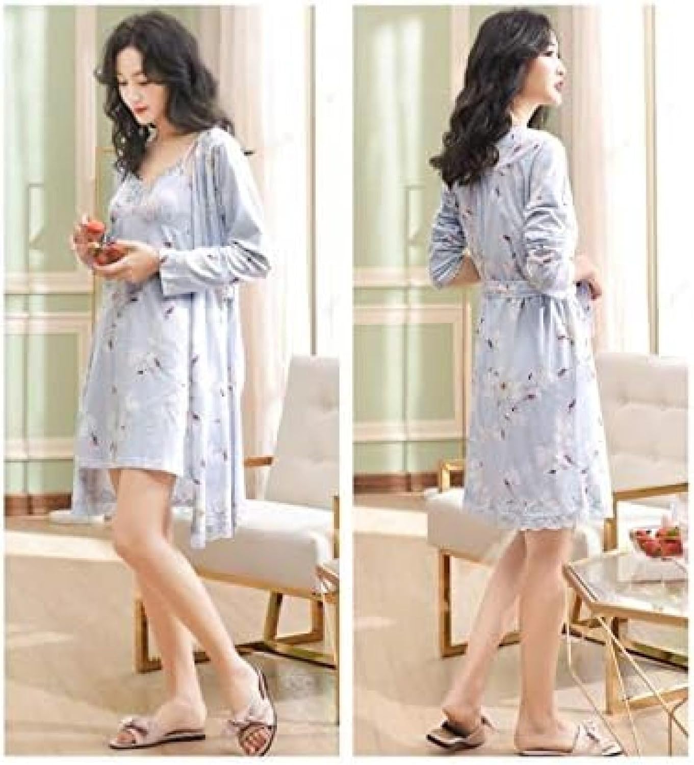 2 Piece Set Women Cotton Robes Sexy Lingerie Women Wedding Party Bridesmaid Robe Lace Nightgown Bathrobe Pijama Mujer,A,XL