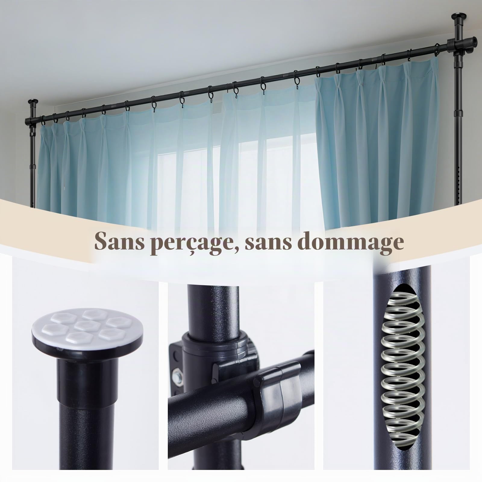 Todeco Tringle à Rideaux sans Percage Tringle de séparation de pièce Noir