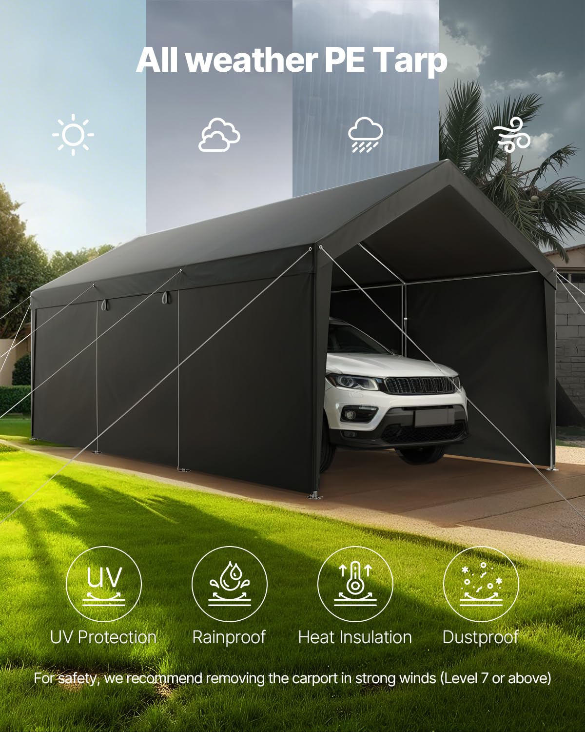 VEVOR Cochera 3,05 x 6,09 x 2,87 m, Cochera Potable con Paredes Laterales y Puerta Desmontables, Marquesina para Coches Resistente a los Rayos UV y al Agua, para Automóviles, Embarcaciones, Gris