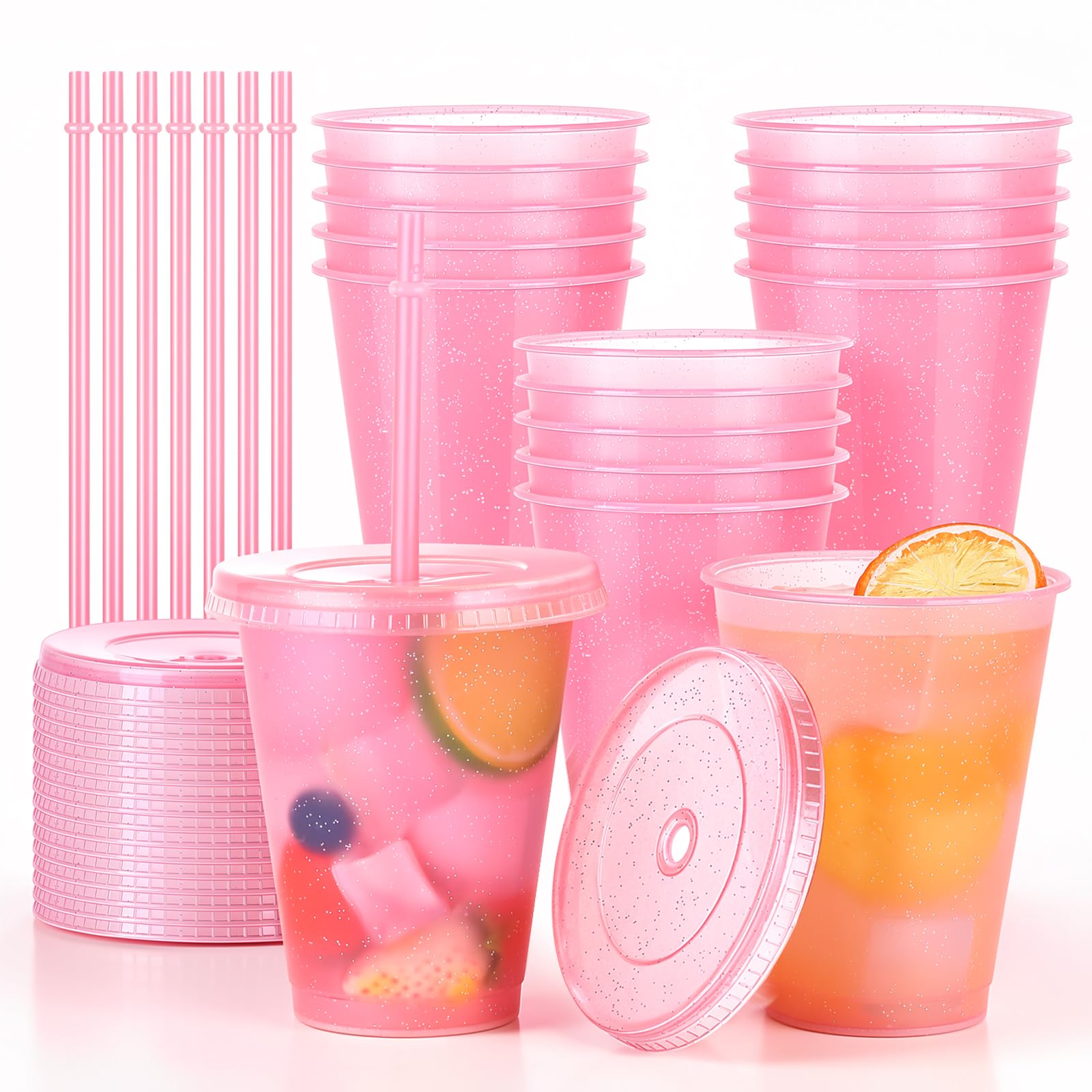 ALEXPRE 15PCS 16oz/475ml Pink Plastic Cups with Lids and Straws