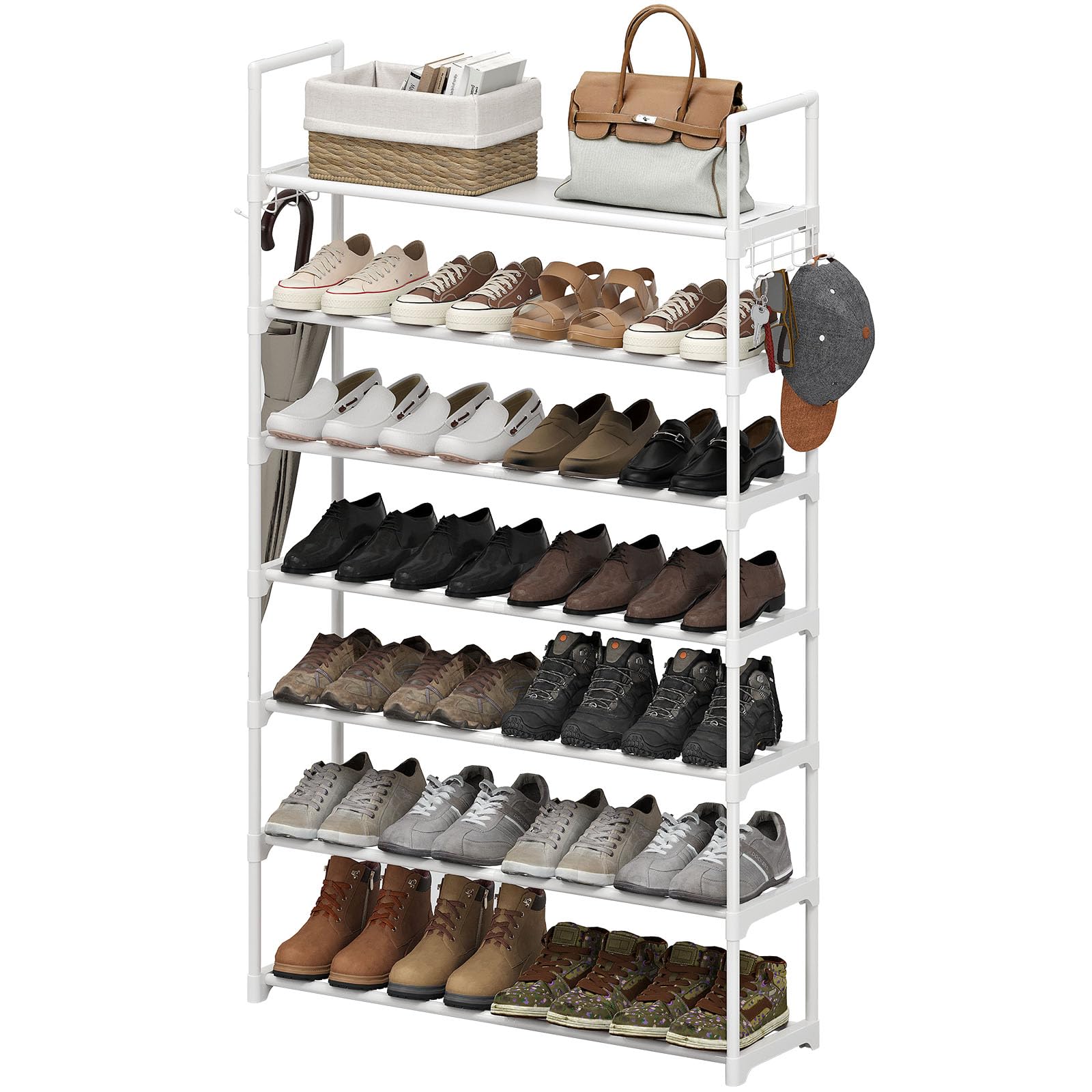 7 Tiers White Shoe Rack Shoe Organizer Shoe Storage for Closet 28-32 Pairs Metal Stackable Shoe Rack Shelf for Entryway for Garage Metal Pipes with Side Hooks Plastic Connectors
