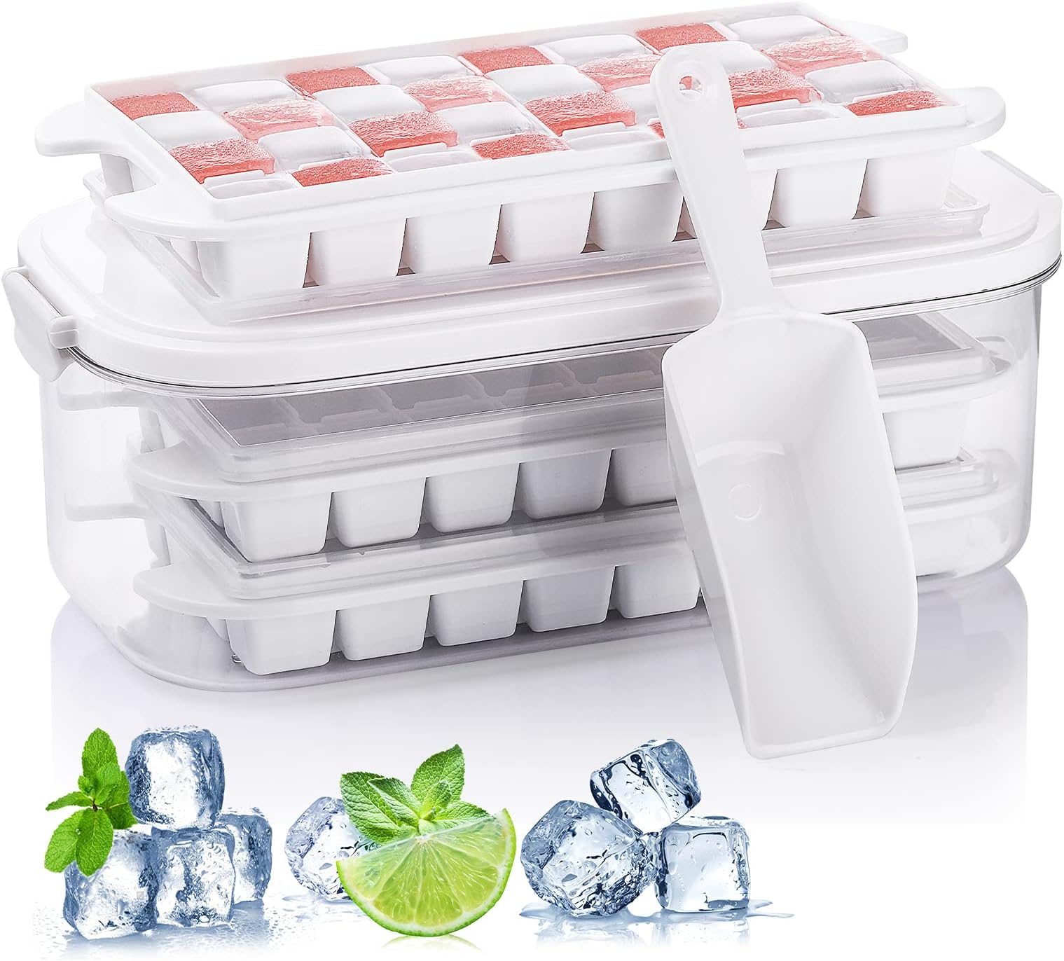 GOODESERVE Ice Cube Tray With Lid and Bin | 96 Nugget Silicone for Freezer, 3 Pcs Food Grade Mold Flexible Easy Release Whiskey Container Cover (White), 26.5x13x9.6cm