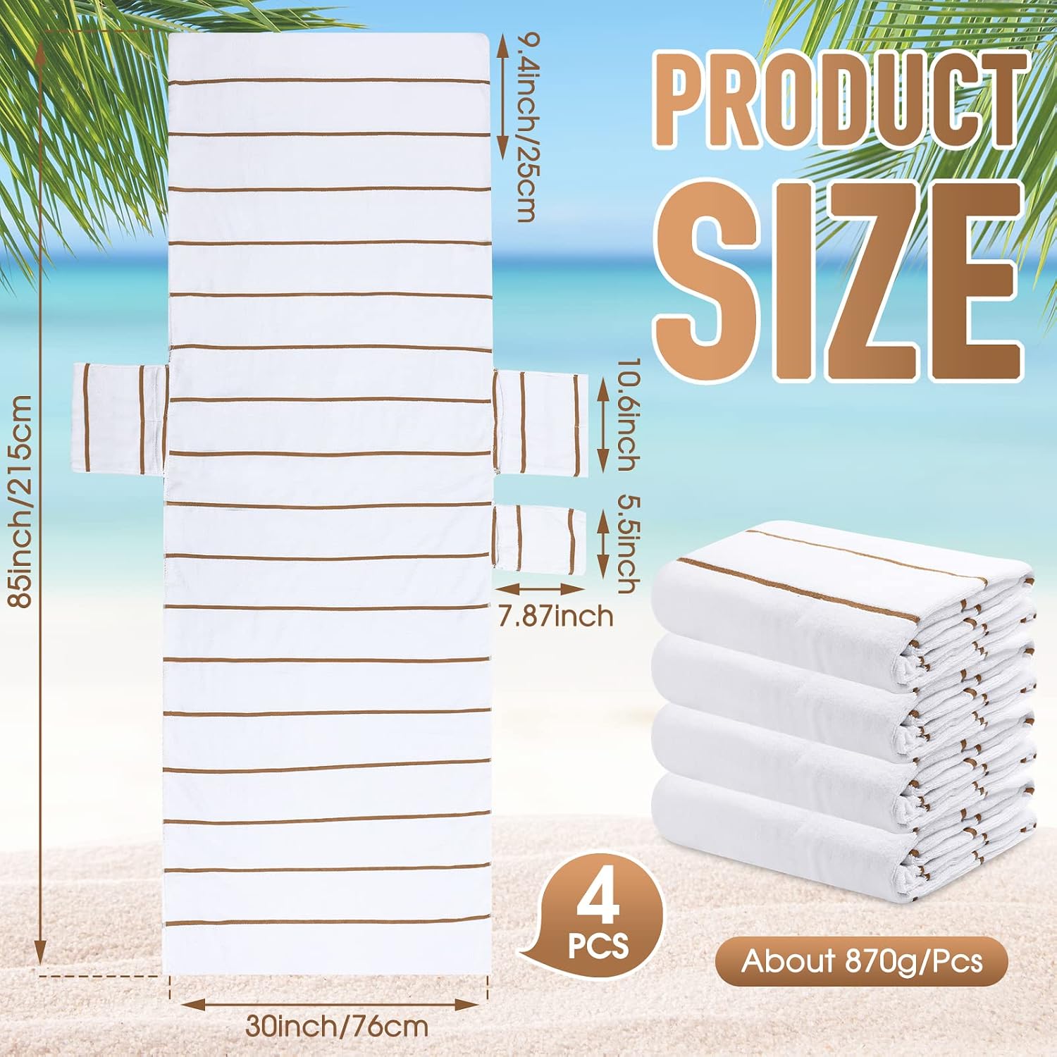 4 Pack Pool Chair Covers Towel Chaise Lounge Cushion Cover with Top and Side Pockets Cotton Oversized Beach Chair Towels for Indoor Outdoor Patio Sunbathing, 85 x 30 Inch (Beige Stripes)