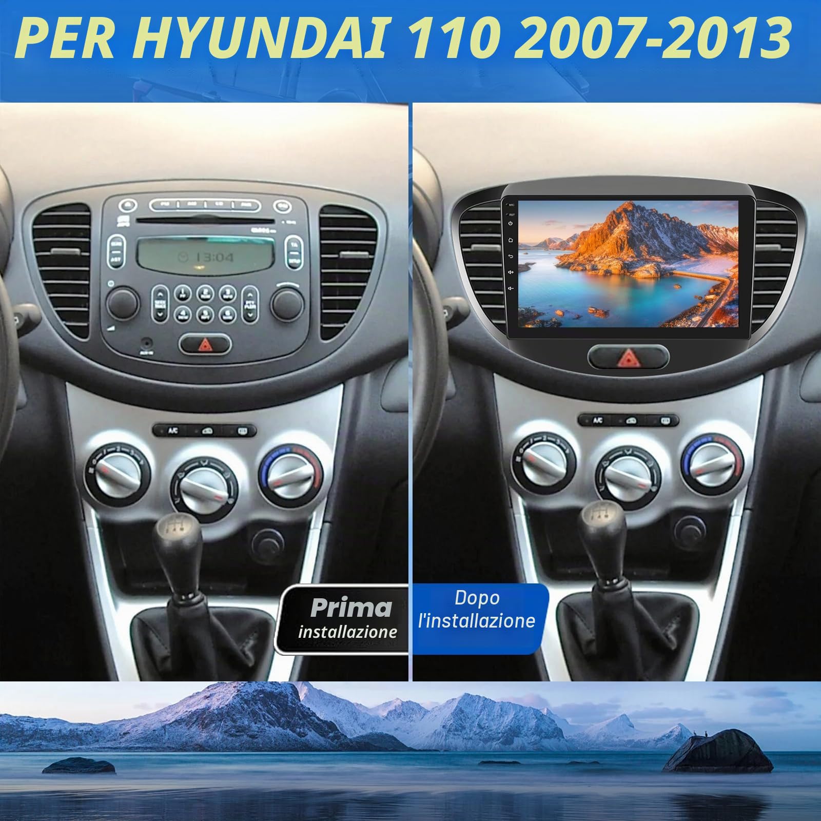 [2G+64G] Android Autoradio per Hyundai i10 2007-2013 con Senza Fili Carplay e Android Auto, Autoradio Touch Screen HD da 9 pollici con GPS/WiFi/Bluetooth/EQ/FM RDS