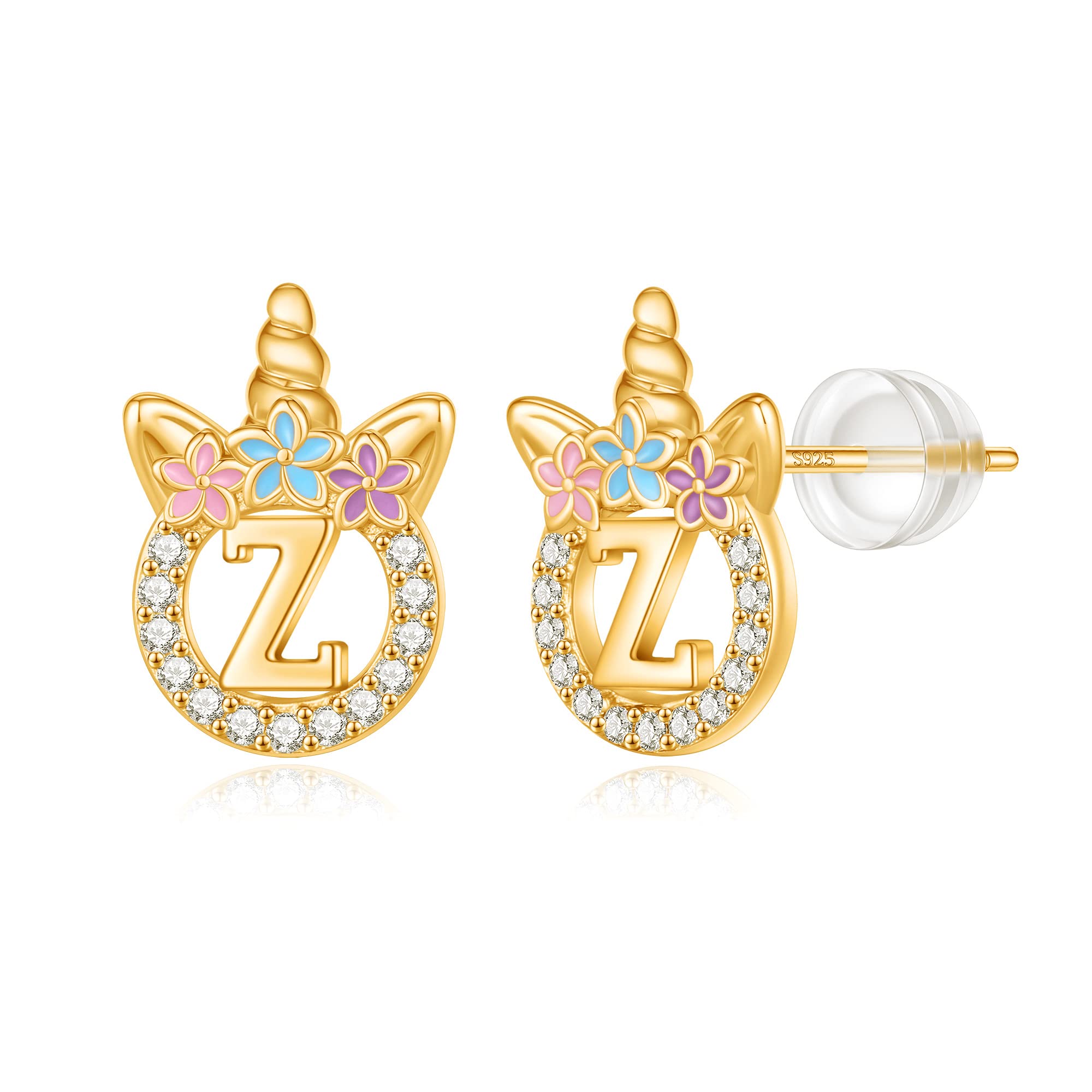 Unicorn Earrings Gifts for Girls - 925 Sterling Silver Stud Earrings Hypoallergenic Initial Unicorn Earring for Girls Kids Jewelry CZ Birthday Gifts