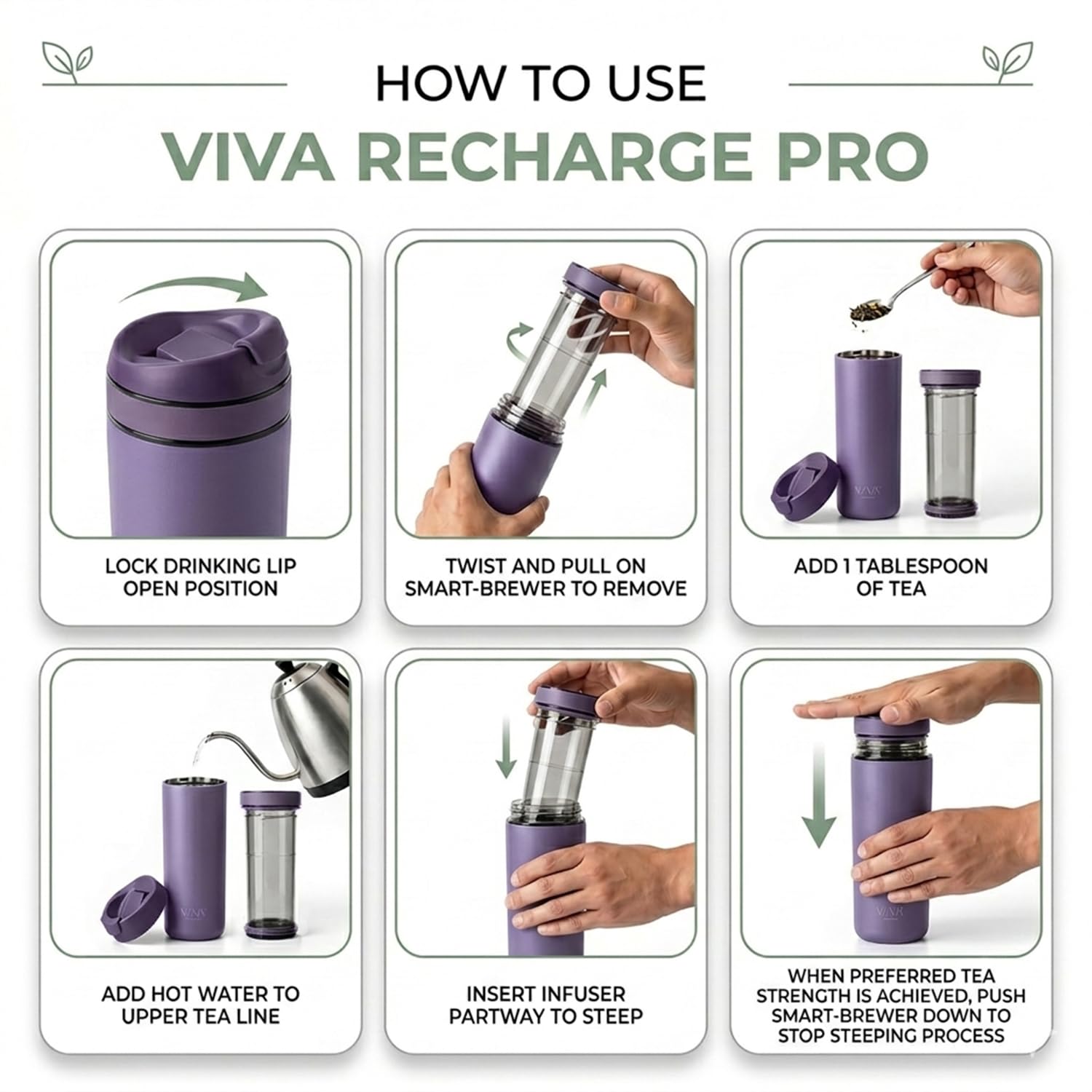 VIVA Recharge Thermobecher to go, Edelstahl, Tee-Sieb, 0,46 l, Violett | Doppelwandig isolierter Edelstahl-Thermobecher, auslaufsicher, mit Sieb. Lange heiss oder kalt.