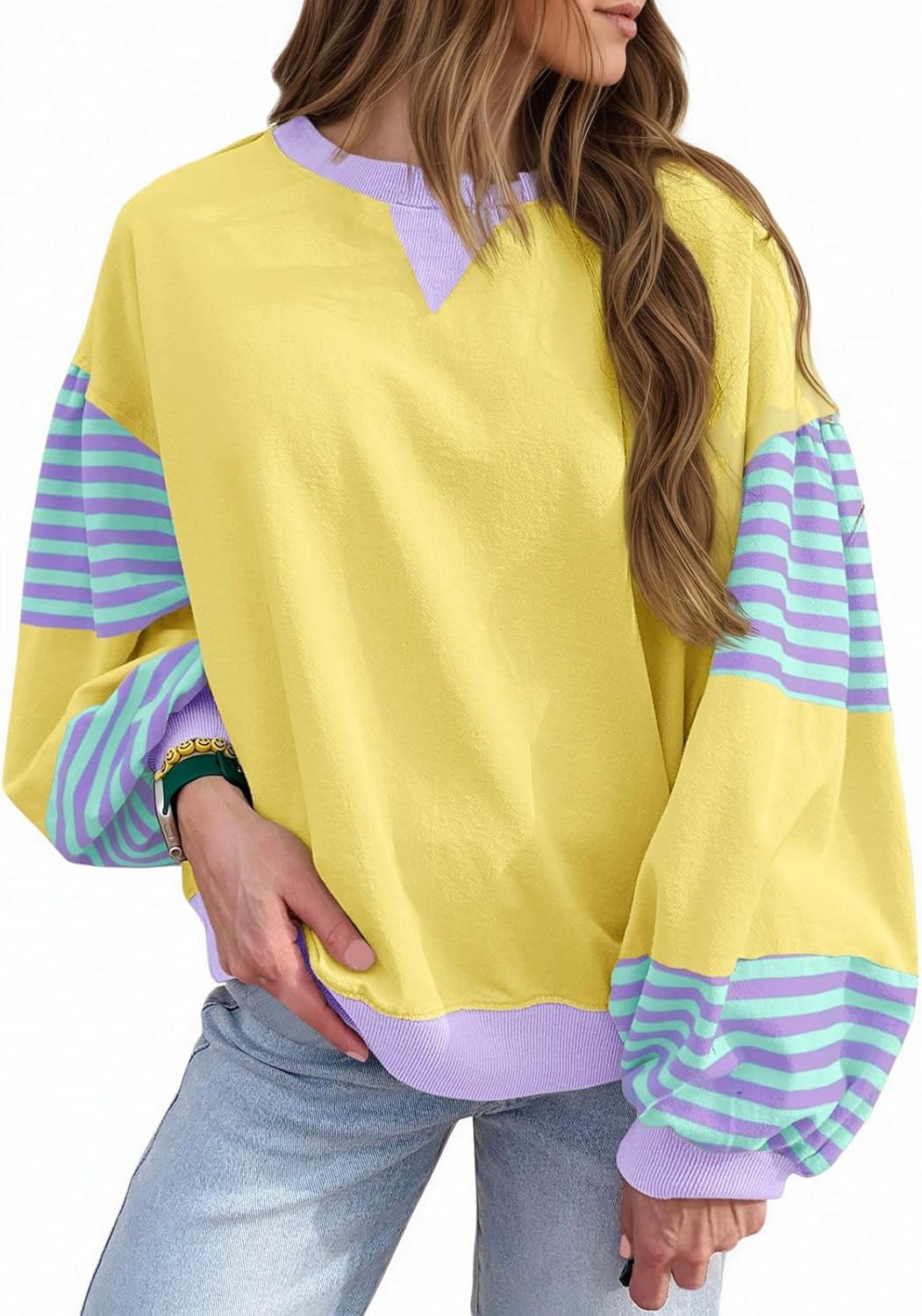 Fisoew Womens Color Block Oversized Sweatshirt Casual Lantern Long Sleeve Crewneck Striped Pullover Tops Fall Outfits