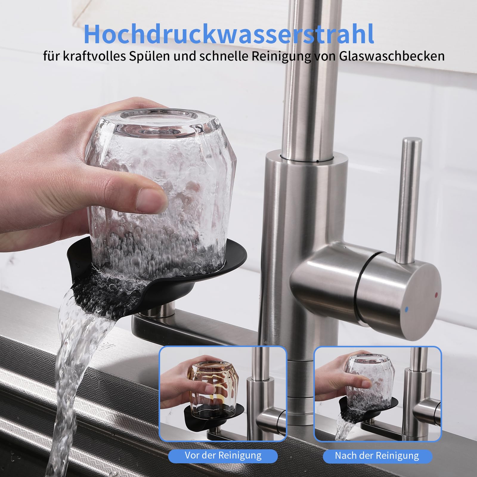 Wasserhahn Küche Ausziehbar Küchenarmatur mit Glasspüler, Dual-Auslauf | LakeBayMZC Küchenarmaturen Armatur Küche Mischbatterie Spültischarmatur, 360°-Drehung, 304 Edelstahl Gebürstet Silber