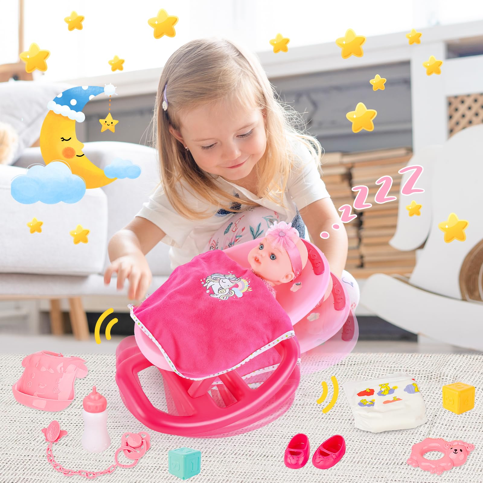 deAO Accessori per Bambolotti Bambole, 12" Bambola Bebè Set Giocattolo Include 2-in-1 Lettino Bambola, Bambole e Biberon, Ciuccio, Pannolini, Pappa e Cura, New Born Baby Dolls per Bambini 3+ Anni