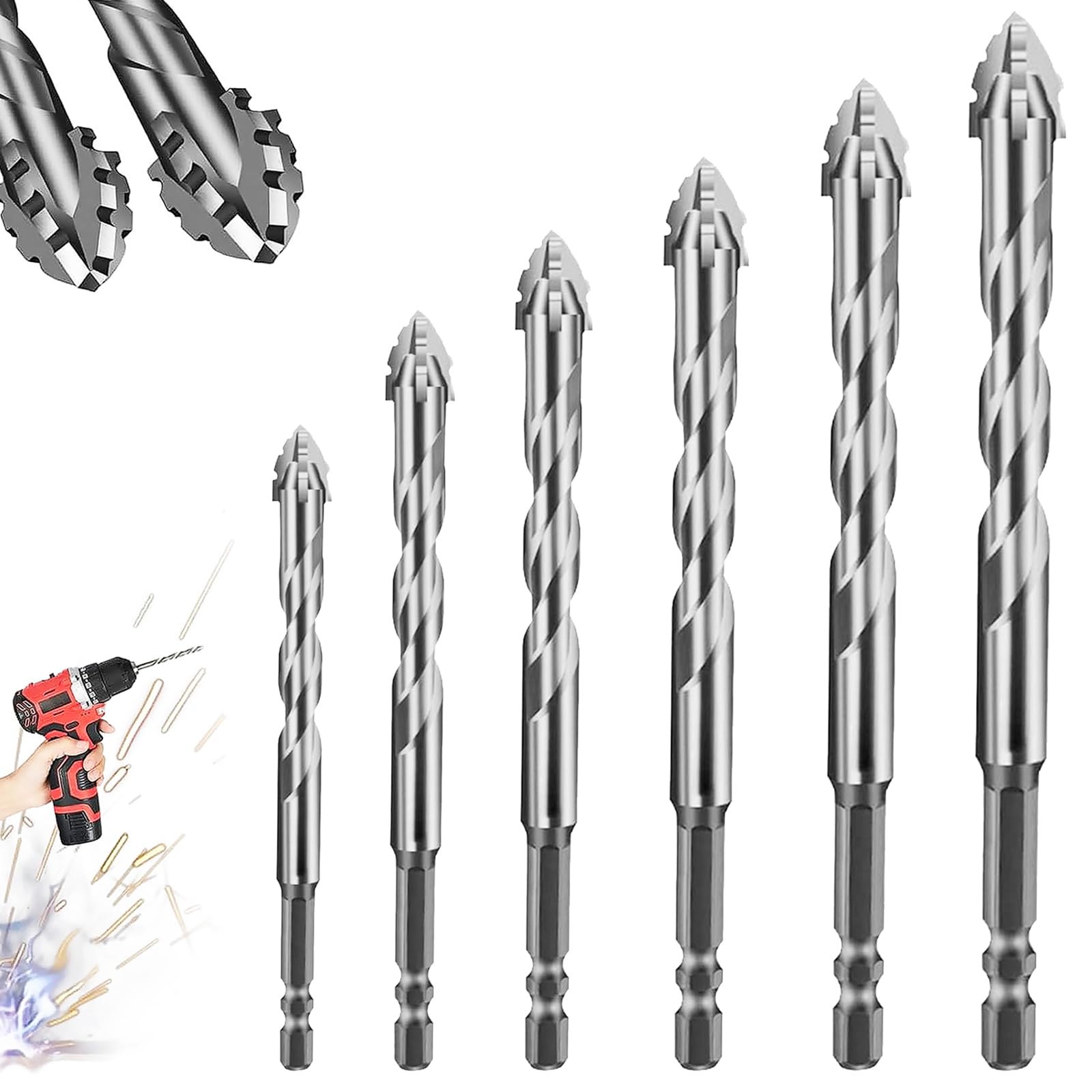 6 pcs Taladro Excéntrico, Broca Excéntrica de Cuatro y Dentado de, 4/5/6/8/10/12mm Brocas para Metal, Nueva Broca Excéntrica con Dientes de Sierra, para Azulejos de Cerámica, Vidrio, Mármol