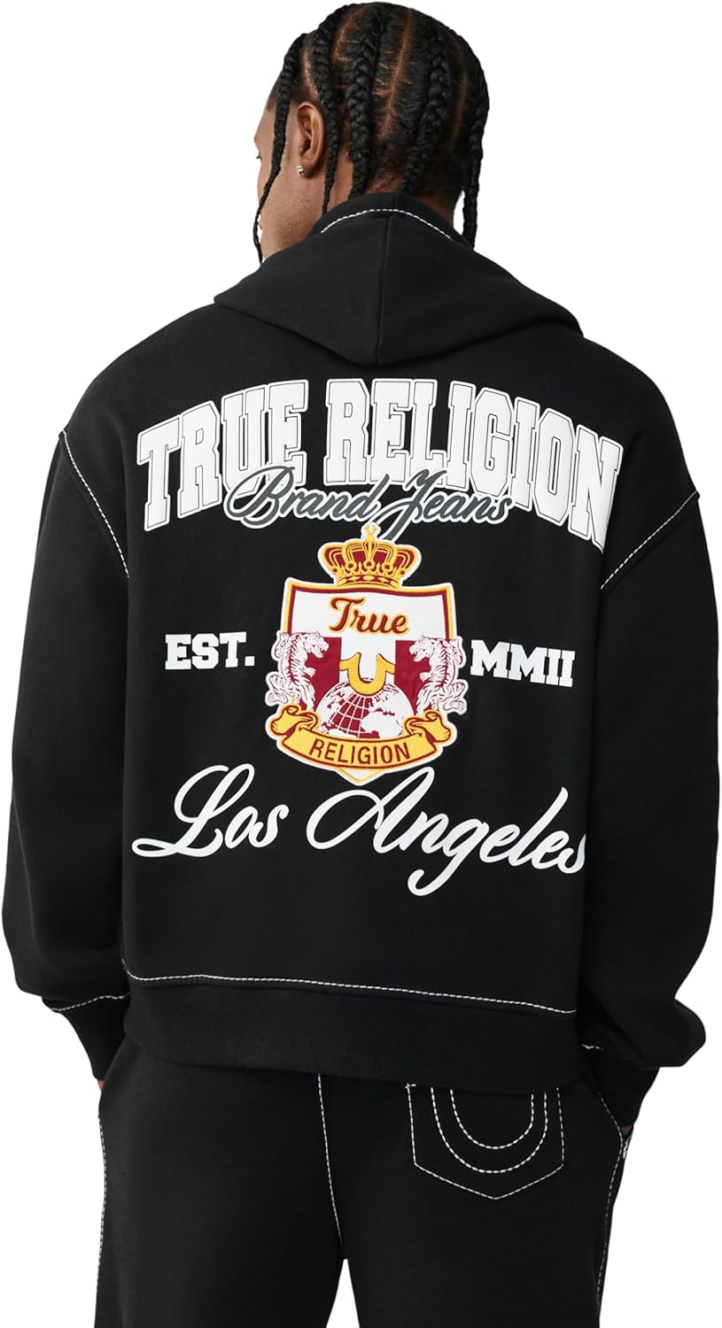 True Religion Men’s TR Crest Big T Boxy Zip Up – Cotton Blend, Hooded Zip Design