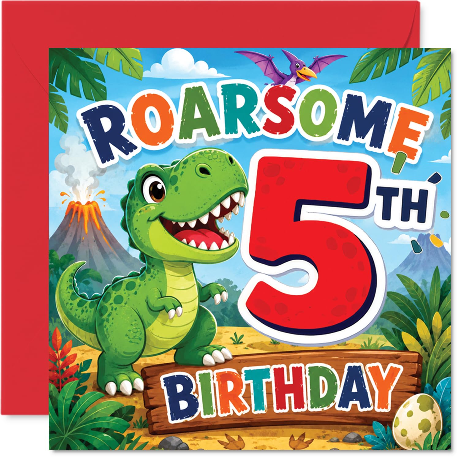 Playful 5th Birthday Card - Roar with Laughter - Colourful Cartoon T-rex and Volcano Scene for a Dino-mad 5th Birthday - Bursting with Jungle Fun - 145mm Square, Envelope Included