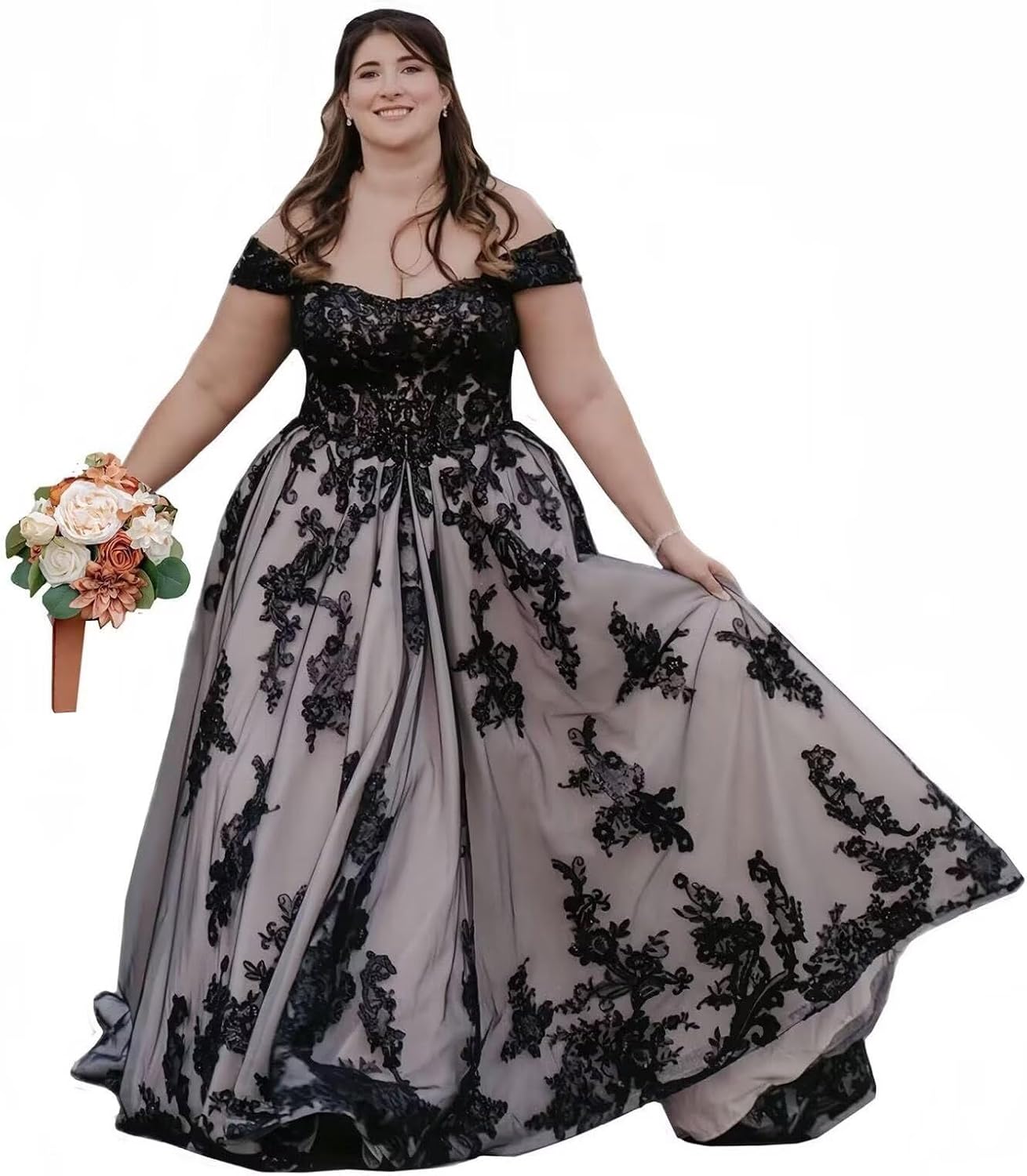 Gothic Champagne Tulle Black Wedding Dresses for Bride Lace Appliques Bridal Gowns Off Shoulder Wedding Gowns