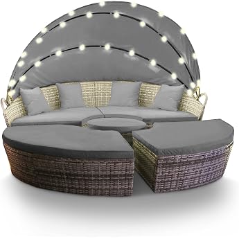 Swing & Harmonie Polyrattan Sun Island with LED Lighting + Solar Module Rattan Garden Lounger Sun Bed with Rain Cover