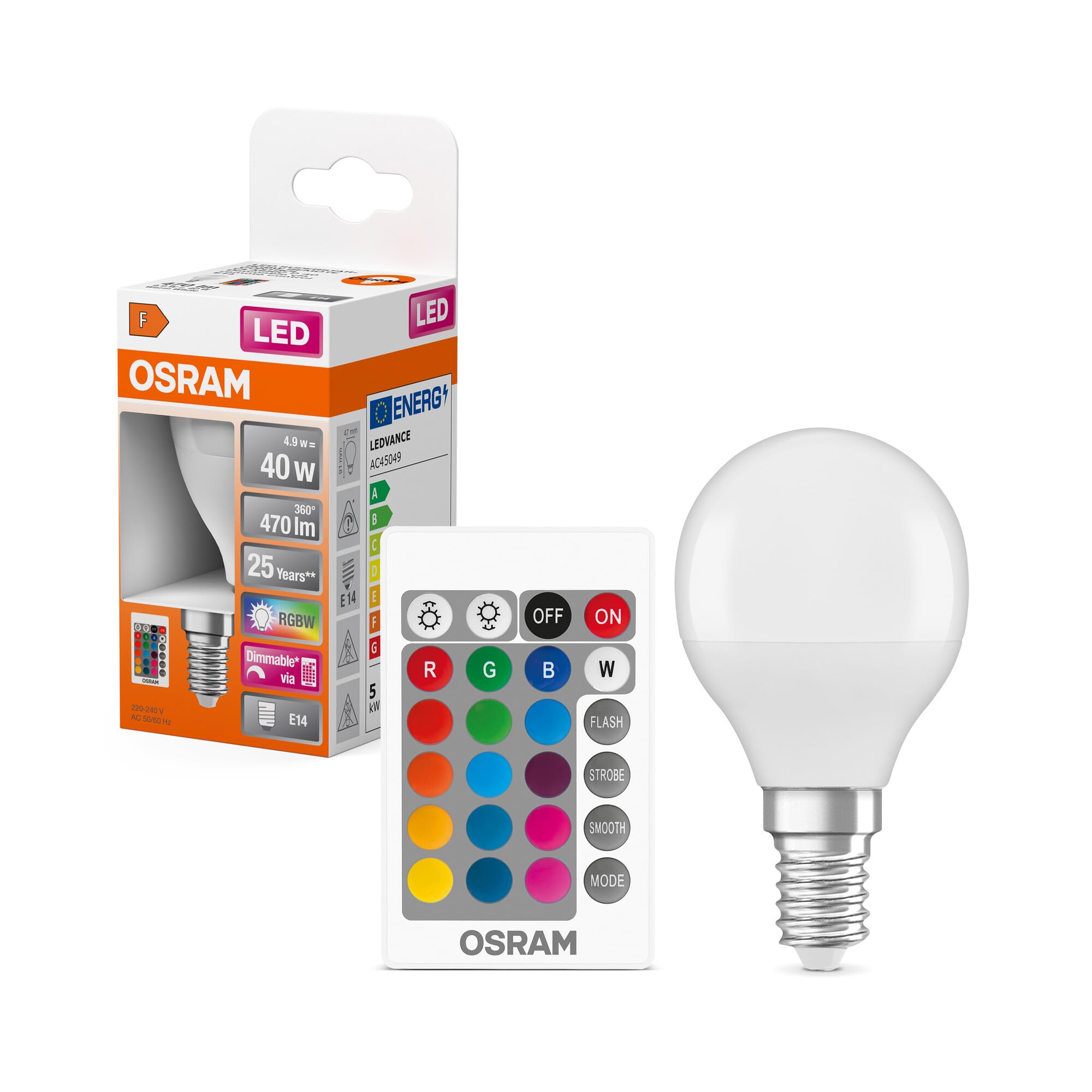 Osram General Lighting Lampadina LED E14 RGBW E14 forma a sfera Osram 470lm multicolore