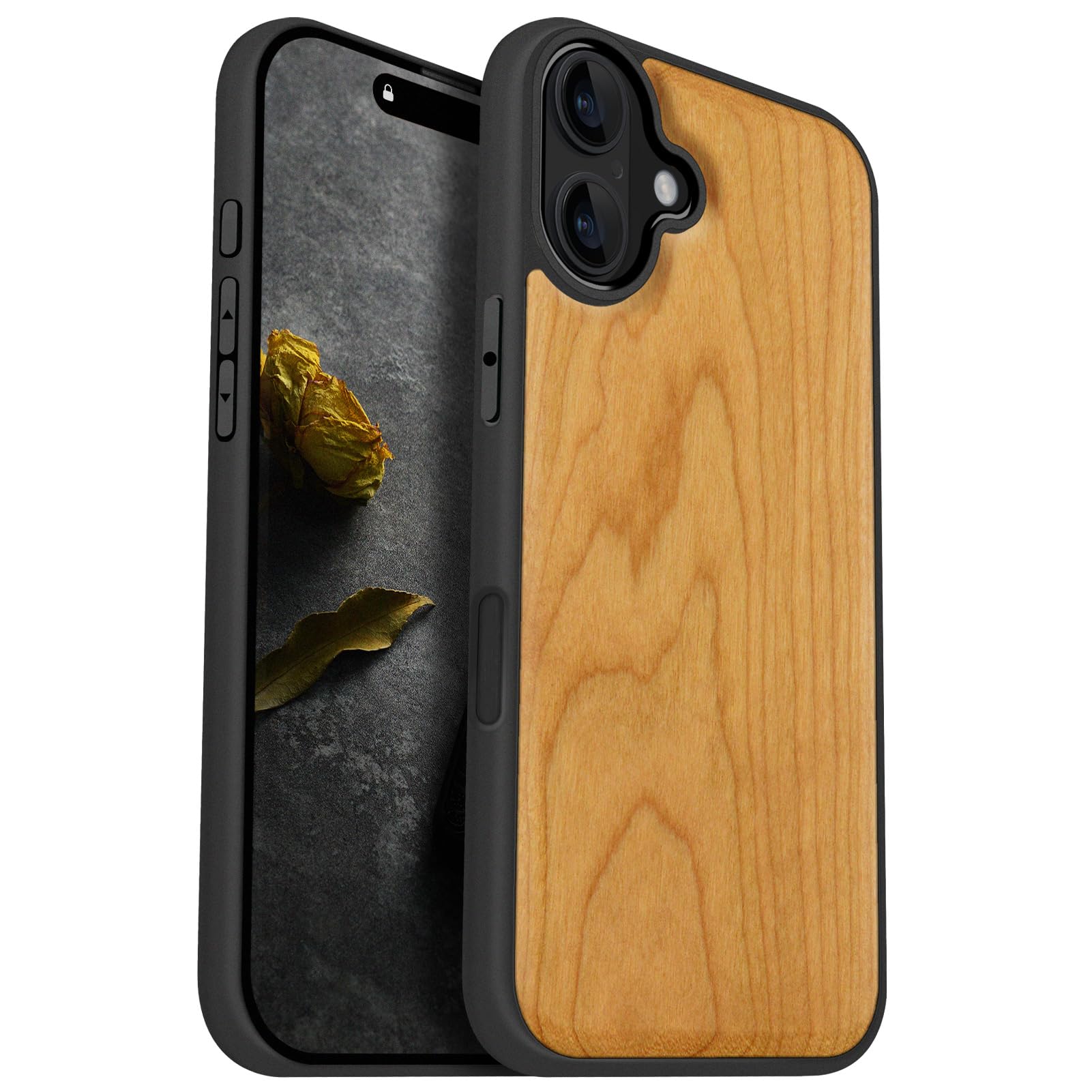 Carveit Magnetic Wooden Case for iPhone 16 Plus Case, Solid Wood & Black Soft TPU Shockproof Cover, Compatible with MagSafe Wireless Chargers (Natural