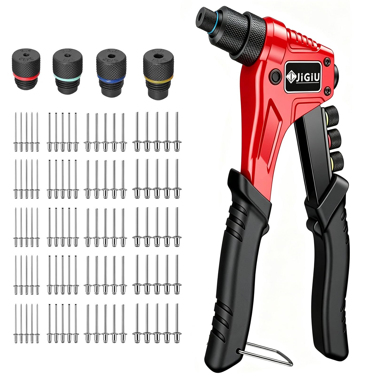 JiGiU Pop Rivet Gun with 200pcs Rivets & 4 Tool-Free Interchangeable Heads