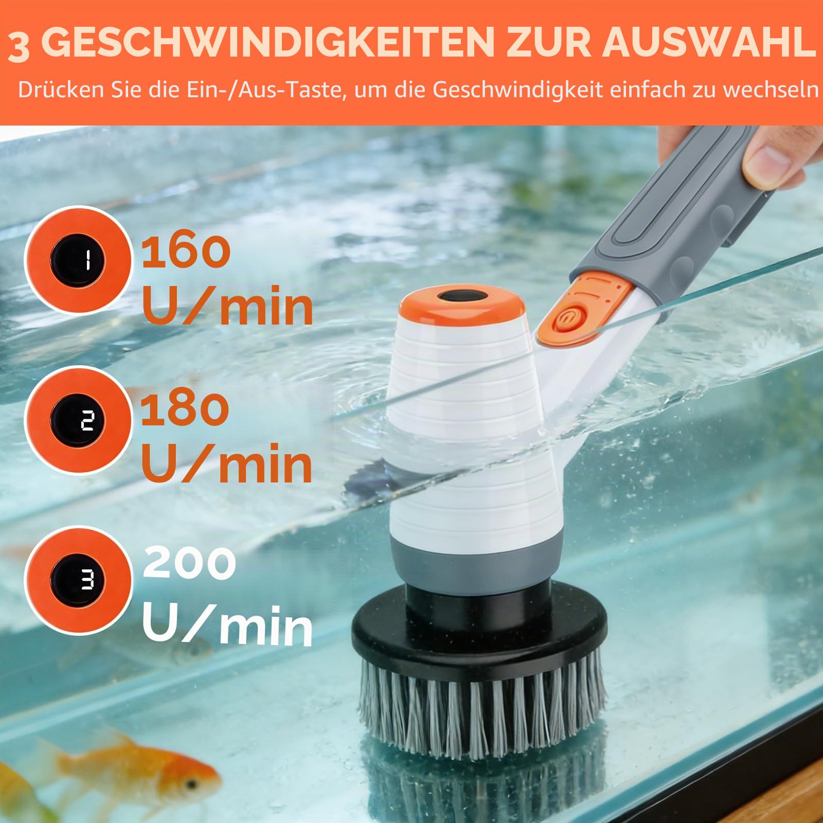 Elektrische Reinigungsbürste, 8-in-1 Elektrische Aquarium Scheibenreiniger | Electric Cleaning Brush IPX9 Wasserdicht, Electric Spin Scrubber mit Teleskopstange 18-100cm für Aquarium Bade Küche