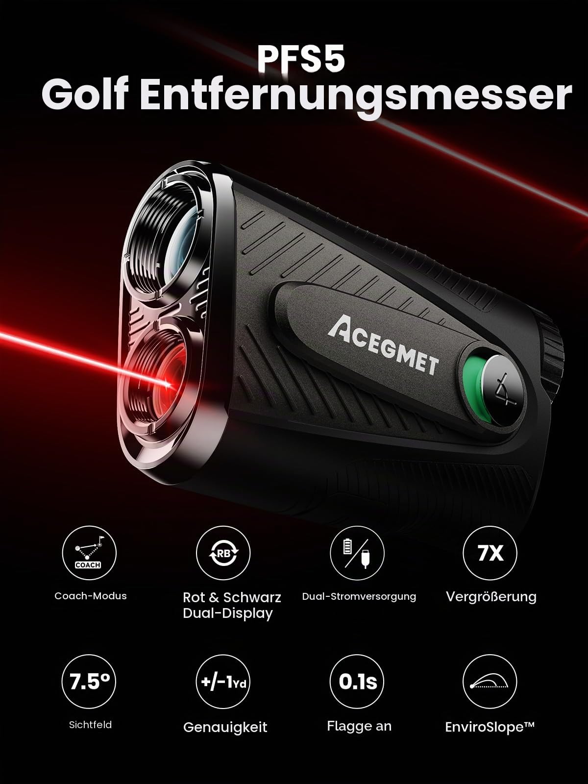 ACEGMET Golf-Entfernungsmesser mit Ball-to-Pin&Neigungsfunktion–1300 yd Laserdistanzmesser, Hybrid-Akkuaufladbar, 0,1s Flaggenverriegelung Vibration,7x Vergrößerung,Rot-Schwarz-Display, Magnetfunktion