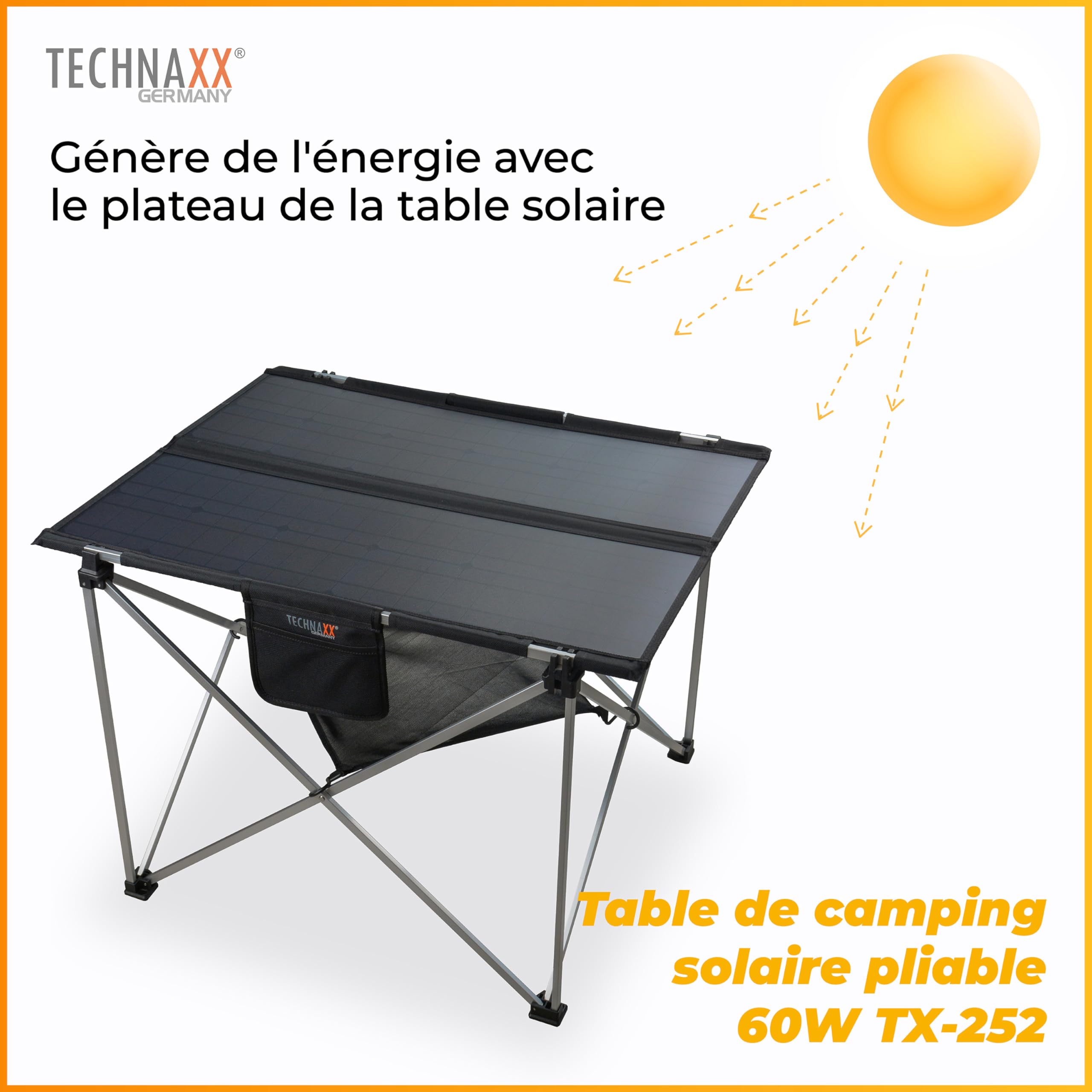 Technaxx Table de Camping Solaire Pliable 60 W TX-252, Panneau Solaire monocristallin avec 3 Ports USB, Sortie CC et élaboration Robuste – Parfait pour Le Camping et l'extérieur